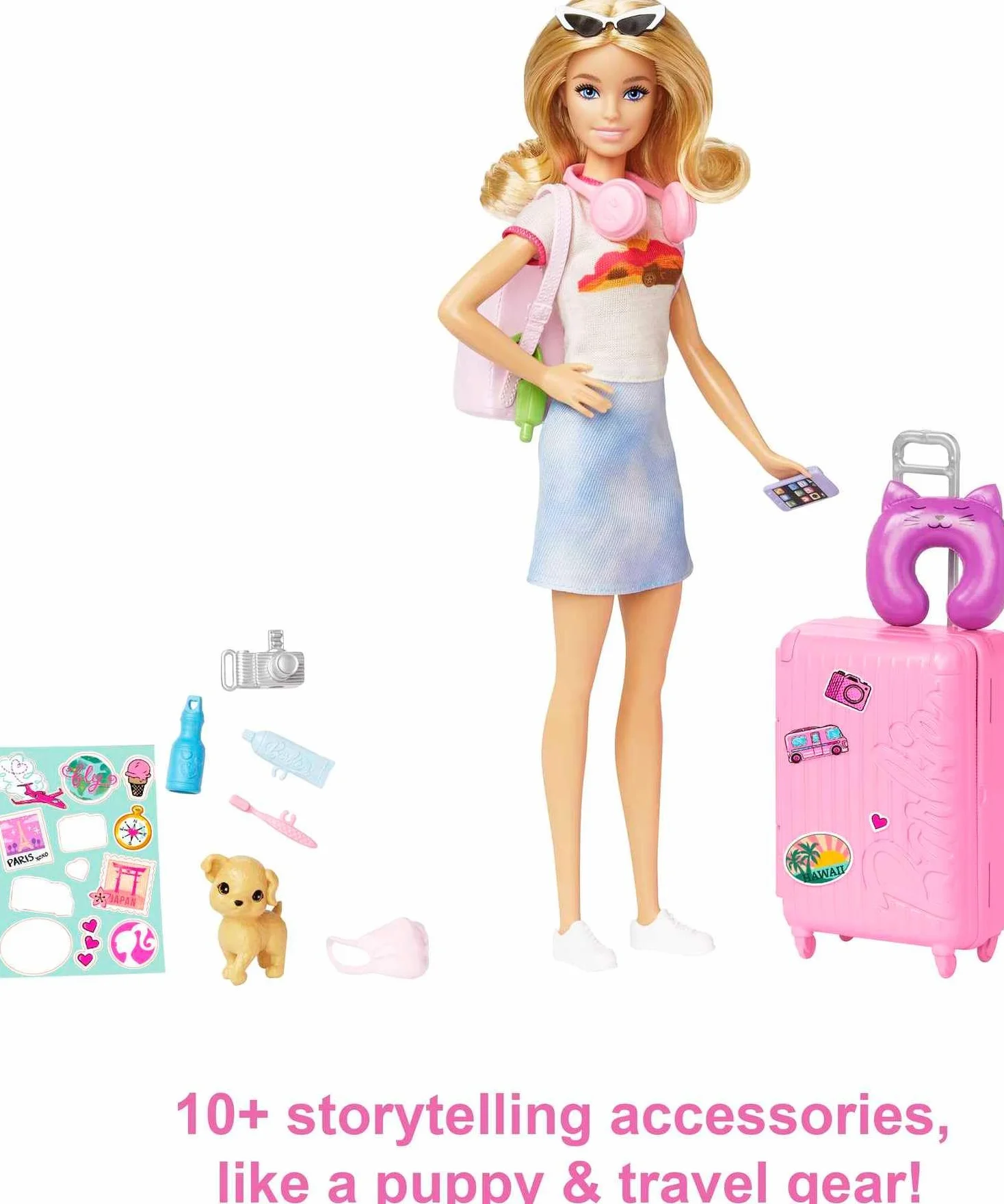 Barbie Malibu w podróży; Zestaw podróżny z lalką Barbie „Malibu” Roberts, pieskiem i ponad 10 akcesoriami, w tym otwieraną walizką, HJY18