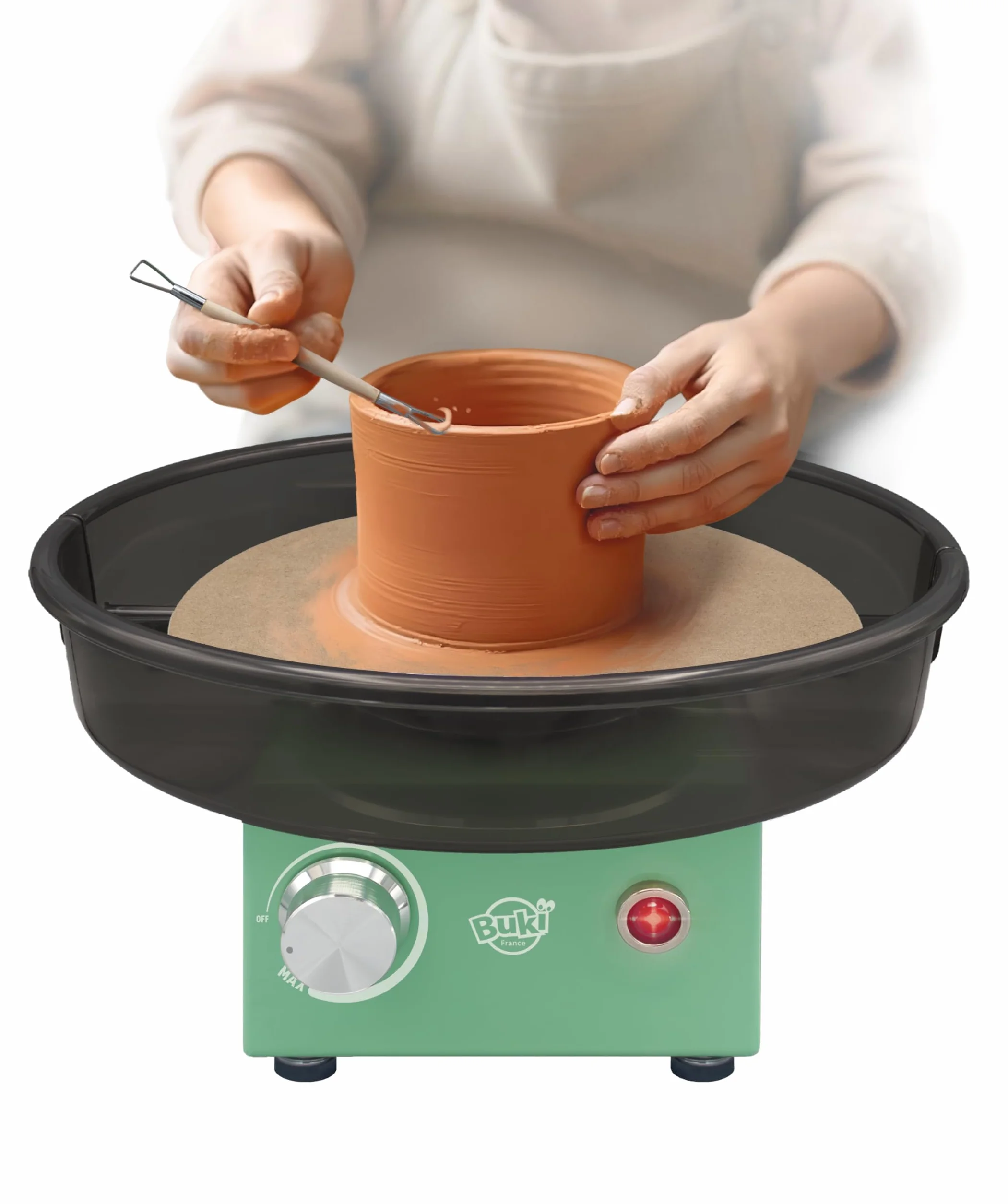 BUKI France Elektryczna wieża do garncarza dla dzieci i dorosłych - 220 TPM - metalowa żyłka 20 cm - 1 kg ziemi, narzędzia i akcesoria w zestawie - ilustrowany przewodnik - od 10 lat