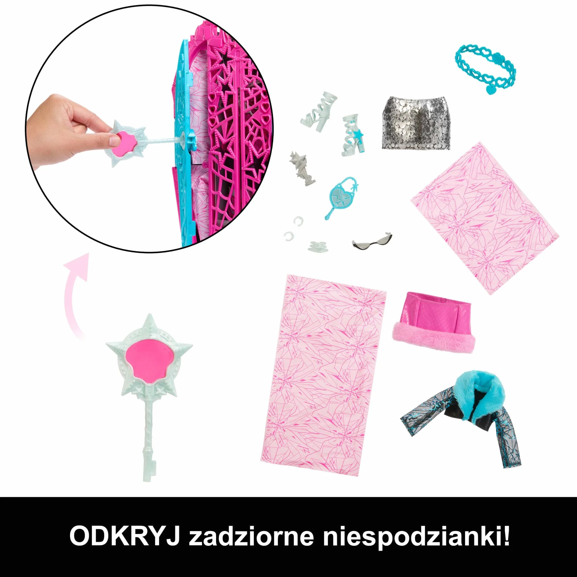 Monster High Straszysekrety Catty Noir Seria 6 Tajemnice Hollyduch Zestaw lalka, szafa i ponad 19 niespodzianek, w tym ubranka dla lalki i akcesoria, JBG82