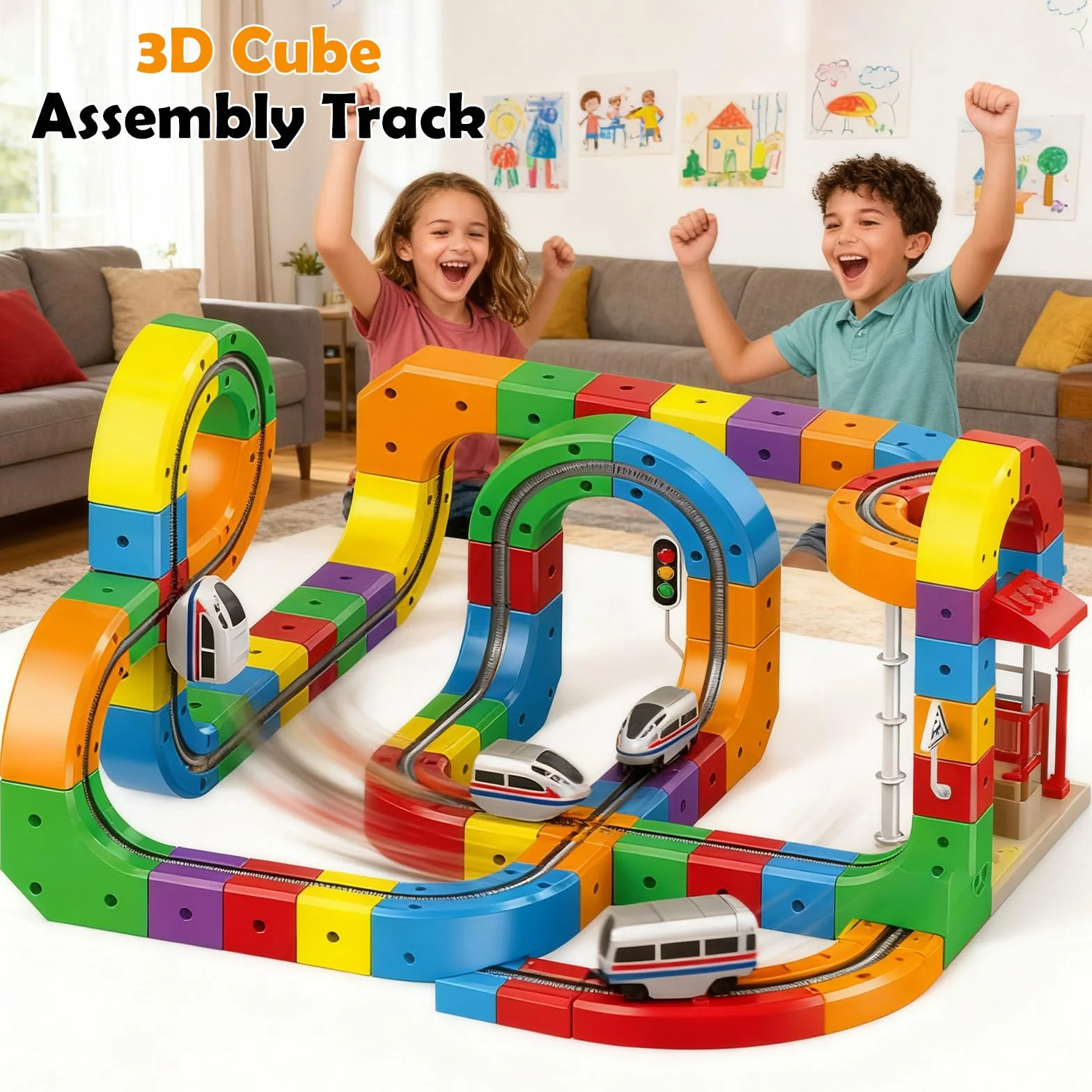 Clickrail Zestaw Elektrycznej Kolejki, Cubix 3D, Klickrail Cube Track Trasami 3D opartymi na grawitacji, Klocki Magiczne i Zasilany Pociąg, Elektryczna Kolejka dla Dzieci, Idealny Prezent (123 Sztuk)