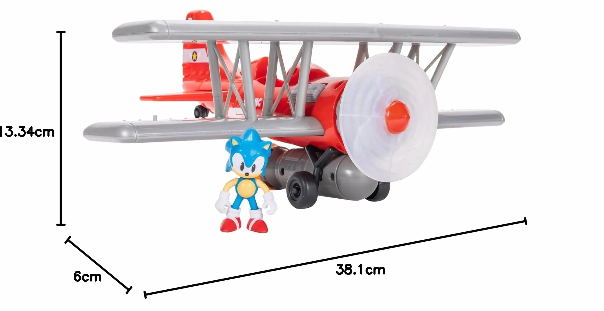 Sonic The Hedgehog Zestaw do zabawy dwupłatowcem Tornado firmy JAKKS Pacific, zawiera 6 cm soniczną figurkę, obracające się śmigło, świecący płomień, 6 efektów dźwiękowych, dynamiczna gra oparta na