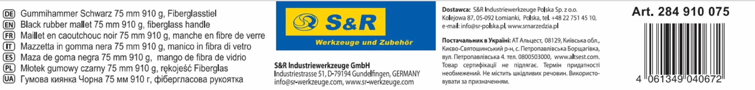 S&R Gumowy młotek - czarny 75 mm, 910 g z antypoślizgowym uchwytem z włókna szklanego