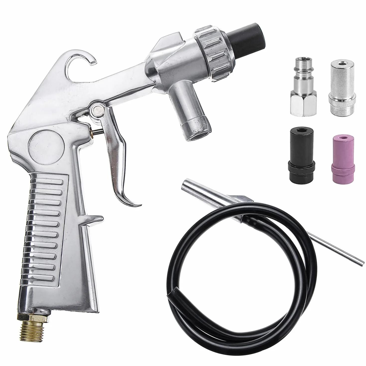 Pistolet do piaskowania 6-częściowy zestaw sprężonego powietrza, dysza ceramiczna, dysza żelazna, piaskarka, aluminium, wąż gumowy, rura ssąca, urządzenie do piaskowania z wężem gumowym (1 m), do
