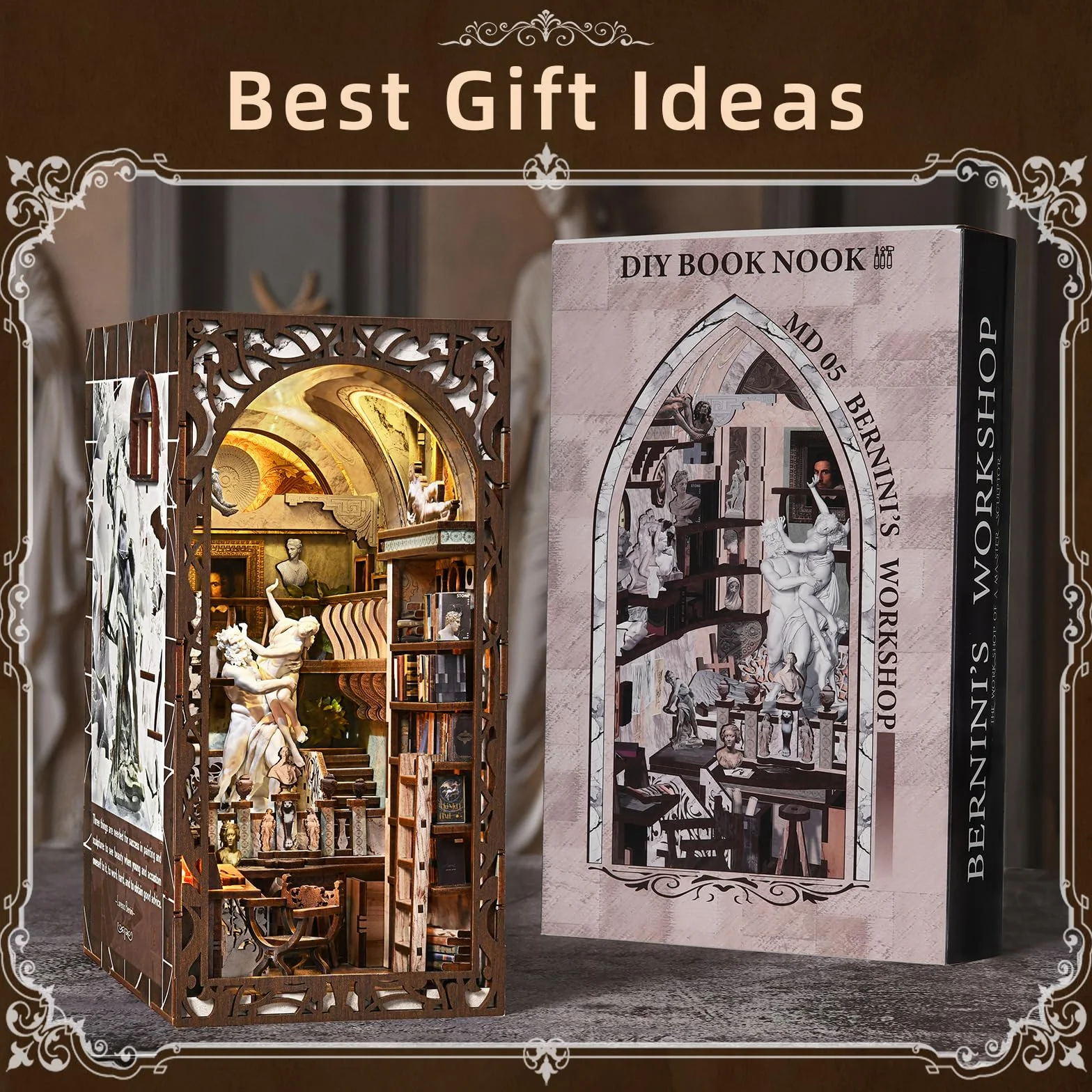 MiniCity Book Nook zestaw do budowania, miniaturowy domek dla lalek 3D, kącik na książki, zestaw z oświetleniem LED i osłoną przeciwpyłową - Bernini's Workshop