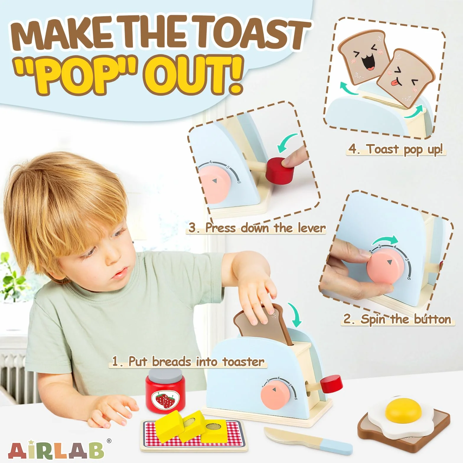 Airlab drewniany toster Pop-up zestaw zabawek dla dzieci, 10 sztuk drewnianych akcesoriów kuchennych z drewnianym chlebem i masłem, interaktywne zabawki edukacyjne dla dziewczynek i chłopców