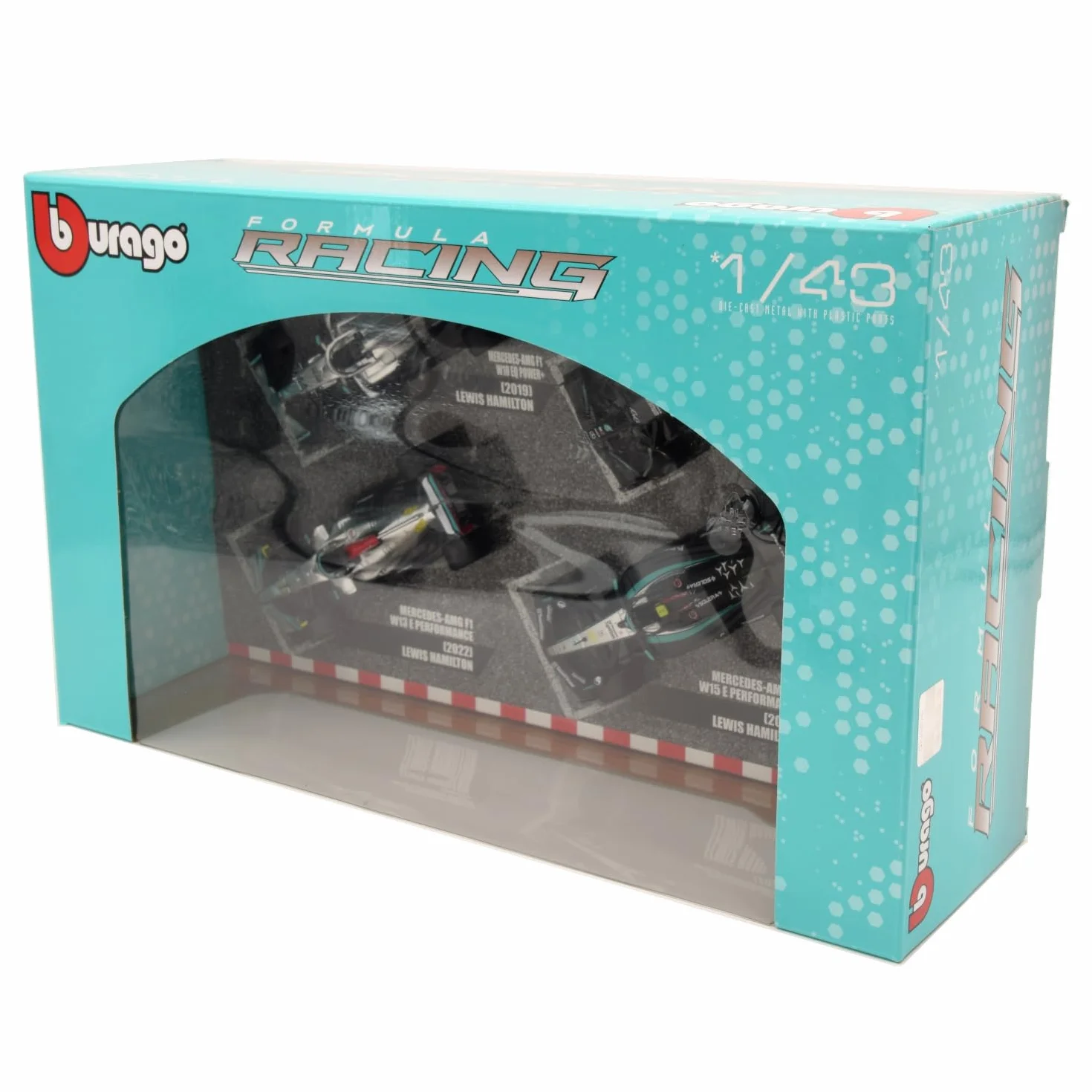 F1 MERCEDES AMG Petronas W12 W13 W14 zestaw 4 modeli samochodów Formuła 1 F1 2021-2023 - LEWIS HAMILTON GEORGE RUSSEL - Skala 1:43 12 cm - BBurago 38093