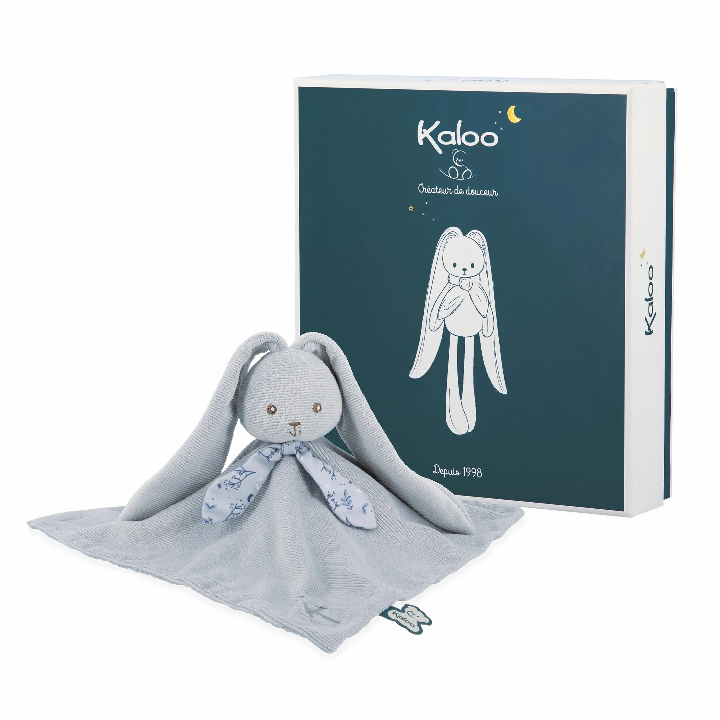 KALOO - Lapinoo - Niebieski ręcznik do przytulania królika - pluszowa zabawka dla niemowląt - kwadratowa 30 x 30 cm - dwa materiały wiskoza i sztruks bardzo miękki - pudełko prezentowe - od urodzenia,