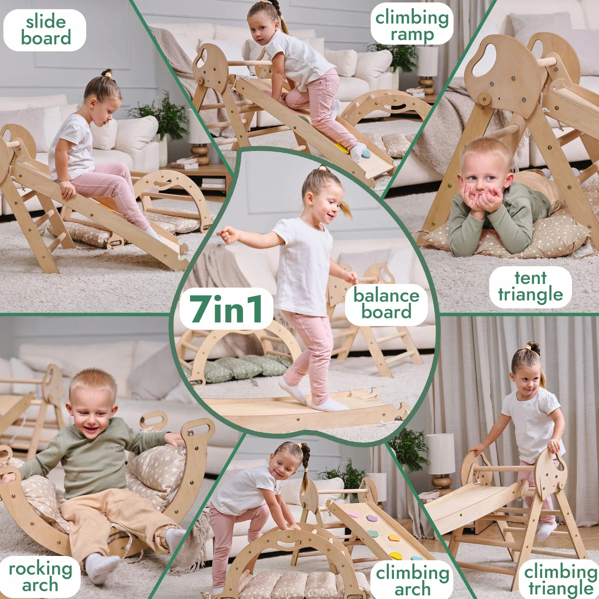 Goodevas Montessori zestaw rusztowań wspinaczkowych 5 w 1: do wnętrz, trójkąt wspinaczkowy, łuk wspinaczkowy z poduszką i zjeżdżalnią dla dzieci, plac zabaw dla dzieci w wieku 1-3 lat