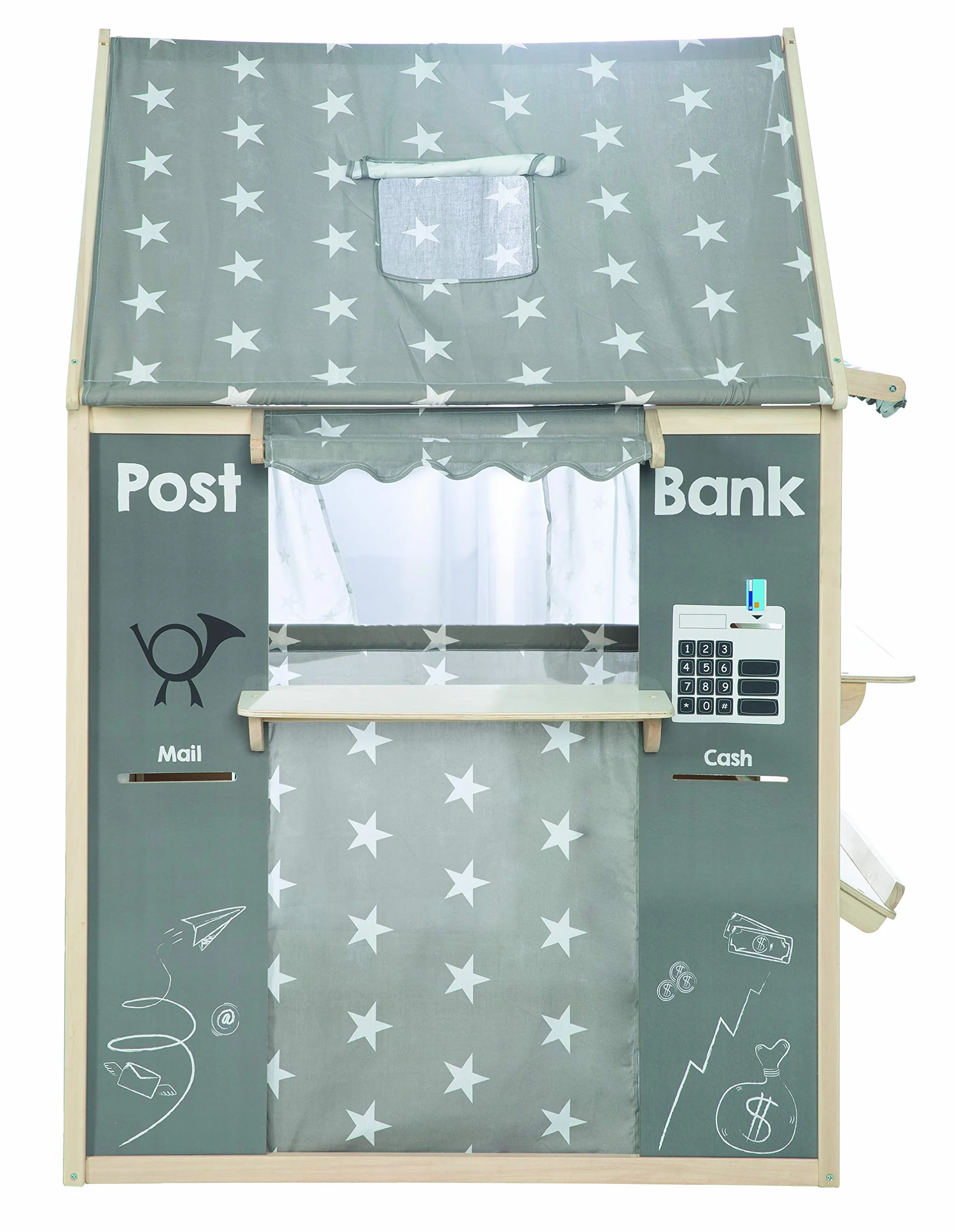 roba Kombinacja domek zabawowy, zawiera sklepik, teatrzyk kukiełkowy, tablicę, stanowisko pocztowe/bankowe/kiosk