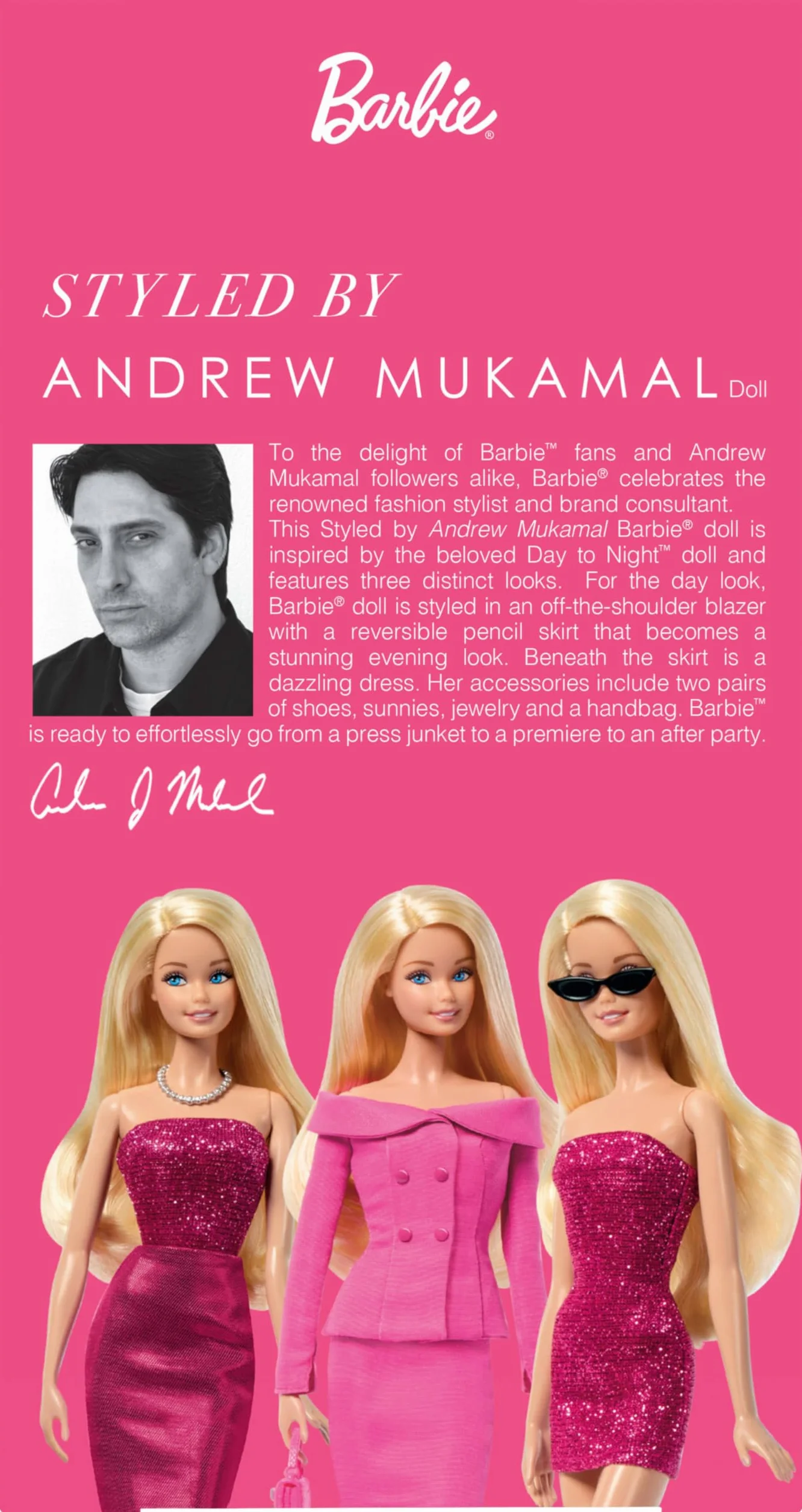 Barbie Signature Styled by Andrew Mukamal Lalka kolekcjonerska 3 stylizacje zestaw z akcesoriami podstawką JBH81