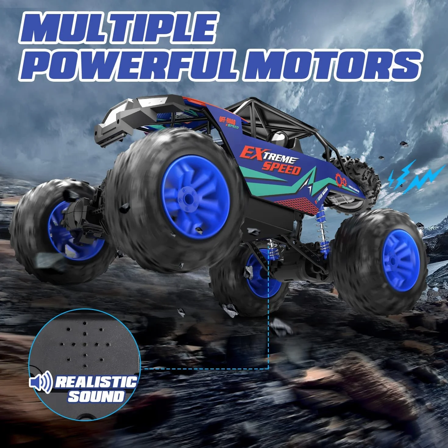 DEERC Duże samochody zdalnie sterowane 1:8 Off-Road Monster Truck z realistycznym dźwiękiem, 2,4 GHz 4WD Rock Crawler zabawka na każdy teren, 2 baterie na 80 minut zabawy