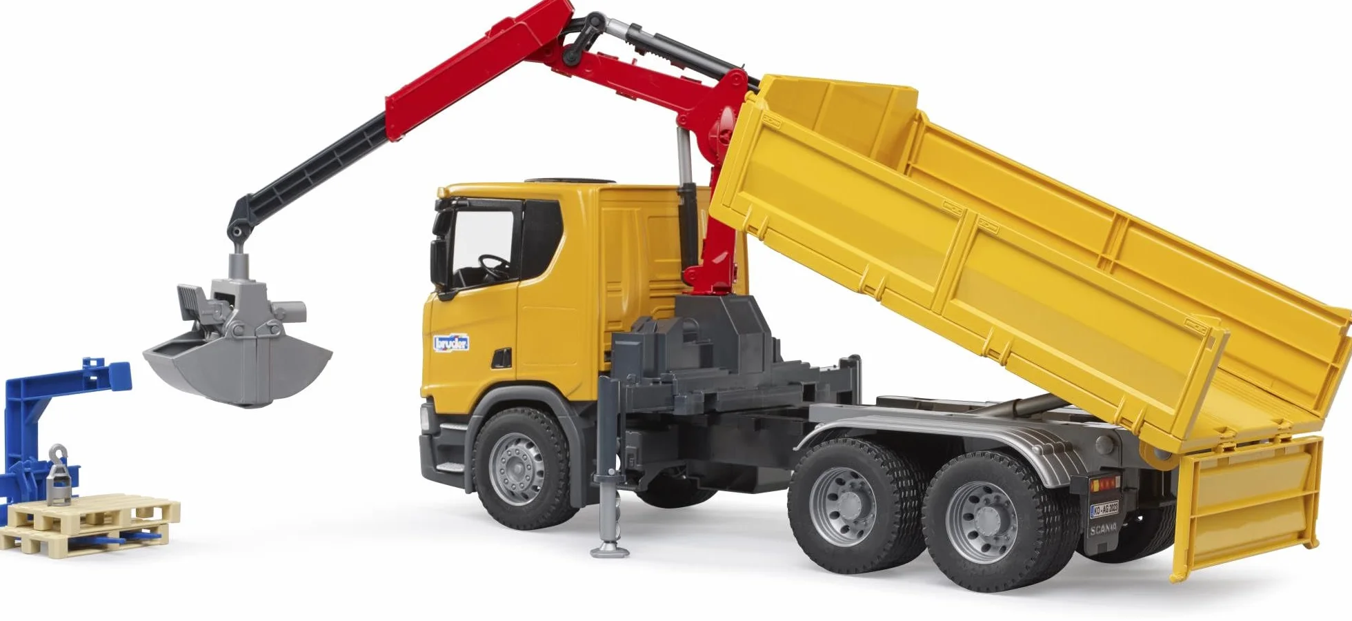 bruder 03551 - Scania Super 560R ci|arówka budowlana z dzwigiem i 2 paletami, pojazdy, pojazd budowlany, ci|arówka z dzwigiem, ci|arówka, zabawki od 4 lat
