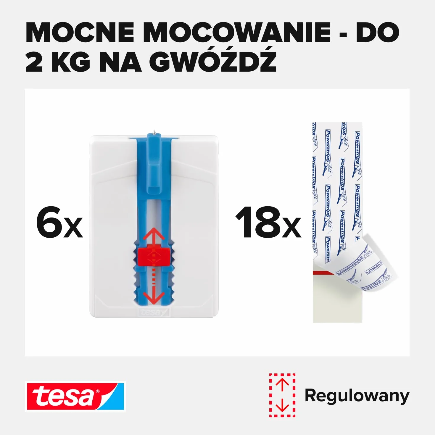 Tesa Gwóźdź samoprzylepny, tapety i tynk, 3 sztuki, regulacja wysokości, samoprzylepny gwóźdź – idealny do płótna i blejtramu – udźwig 2 kg/gwoździe – nie pozostawia śladów po usunięciu, 3 x 2 gwoździe