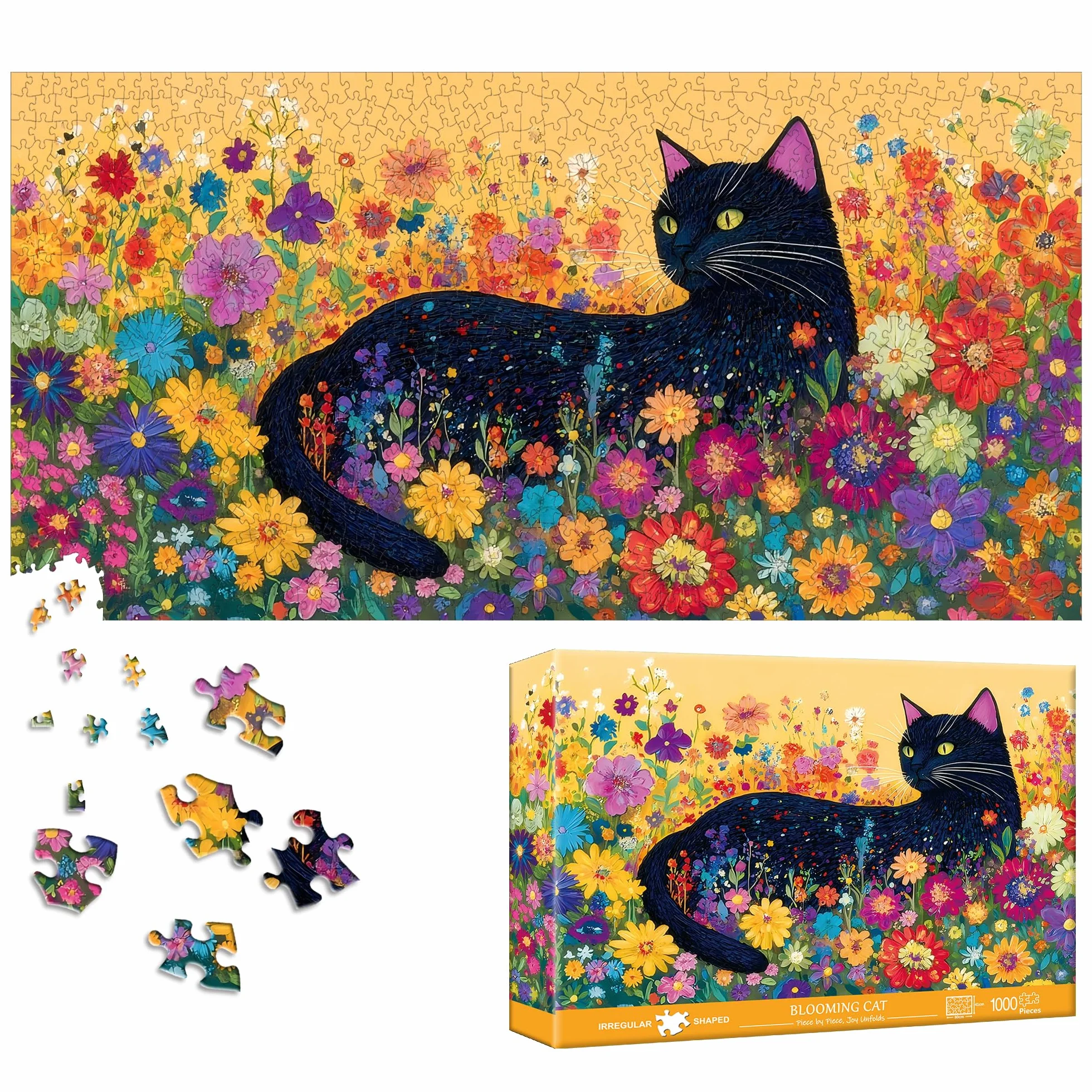 Bimkole Kwitnący Kot Puzzle Dla Dorosłych 1000 Elementów, Kwiat Puzzle Papierowe 1000 Elementów – Zabawna I Wymagająca Układanka Dekoracyjna Dla Całej Rodziny, 80 X 41 cm