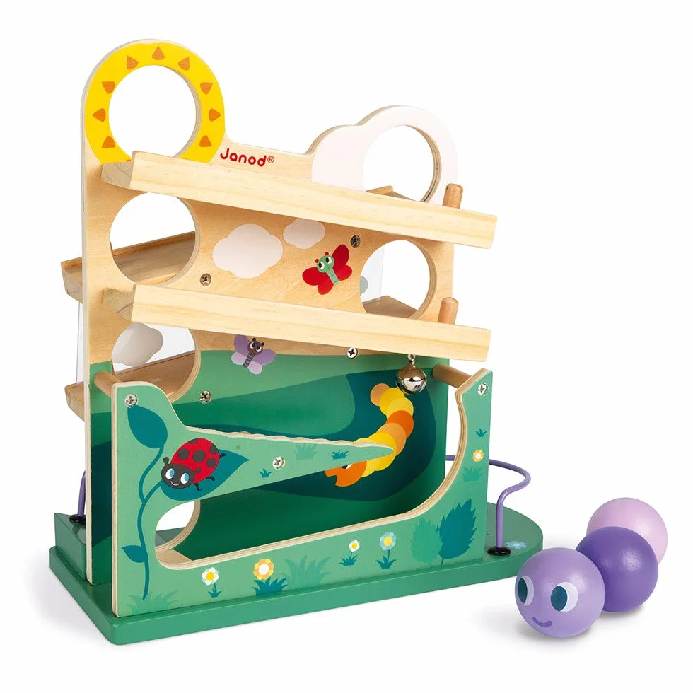 Janod - Wooden Caterpillar Ball Track - Toddler Manipulation and Dexterity Toy - For children from the Age of 1, 08055, Multicolored