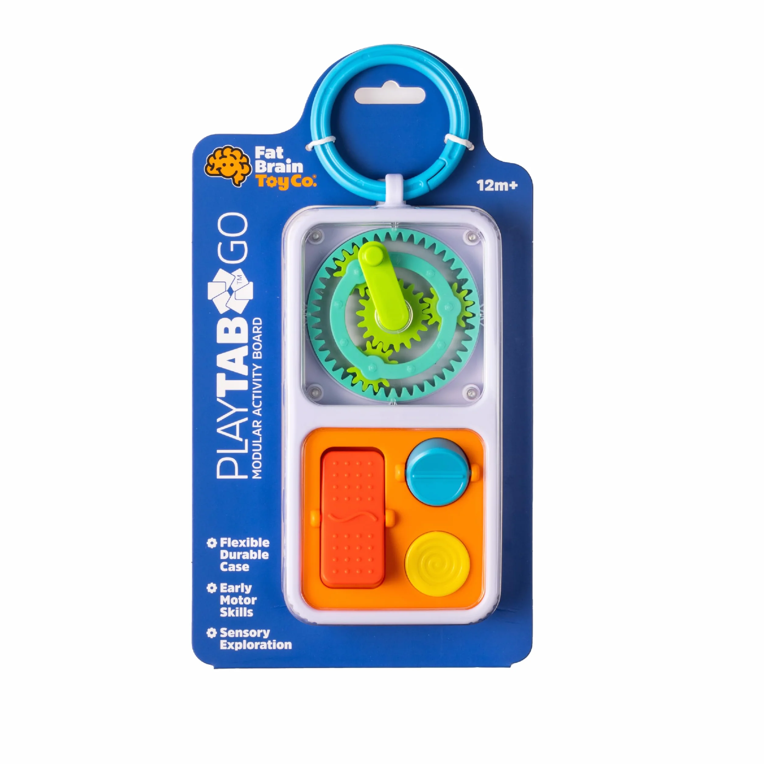 Fat Brain Toys PlayTab Go, przenośna deska do aktywności sensorycznej z klipsem do przymocowania do toreb na pieluszki dla niemowląt i małych dzieci w wieku od 12 miesięcy+