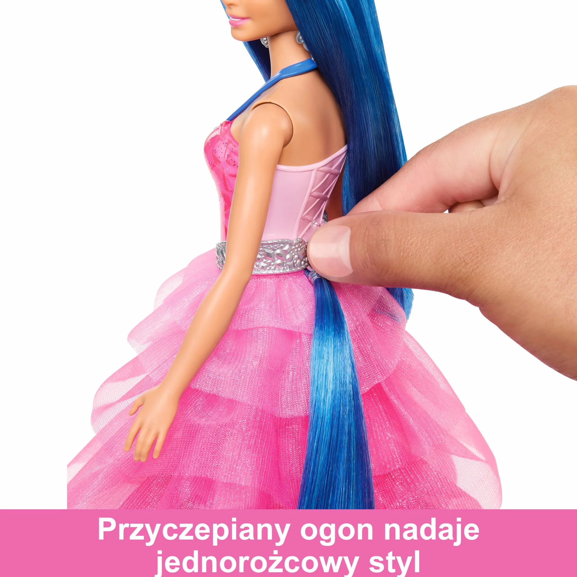 Barbie Sapphire Skrzydlaty jednorożec Lalka 65 rocznica z niebieskimi włosami, różową suknią i akcesoriami, takimi jak szafirowe skrzydełka i jednorożec ze skrzydłami, HRR16