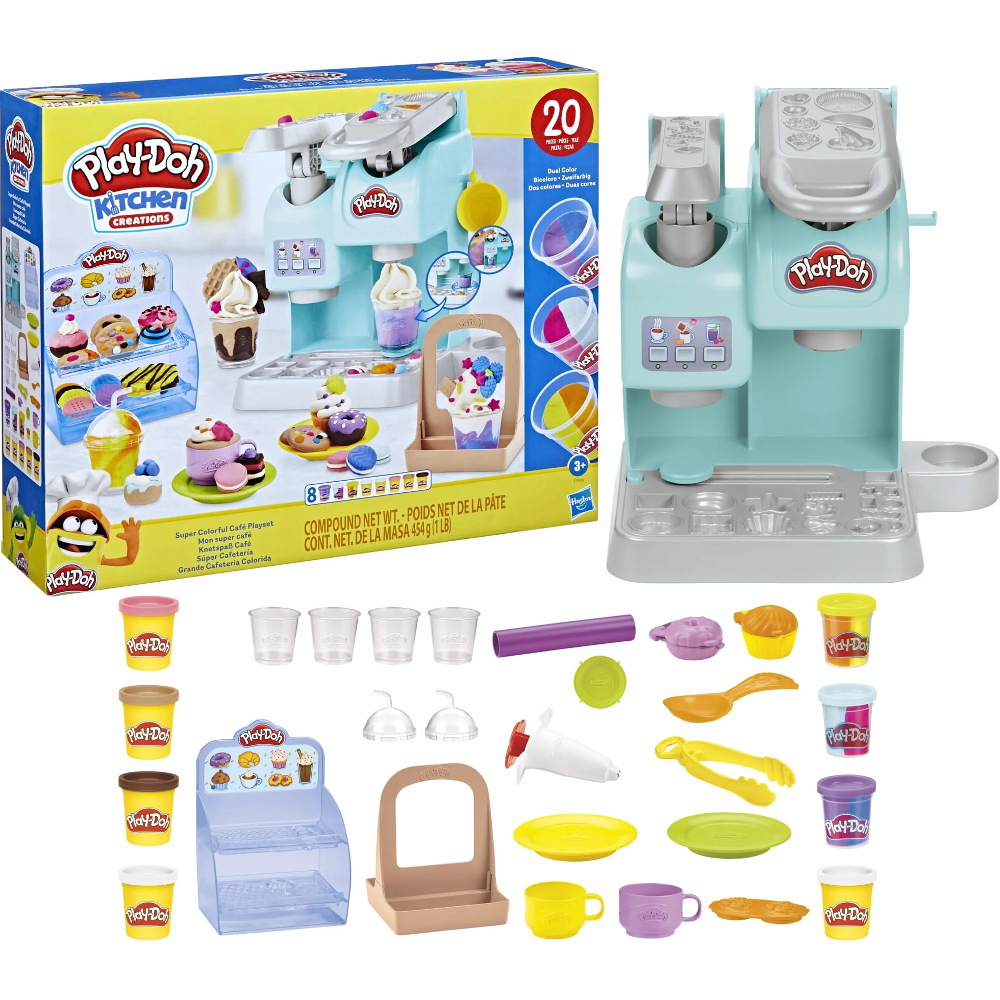 Play-Doh Kitchen Creations Superkolorowa kawiarnia | Zabawka dla dzieci ze sztucznym jedzeniem i kawą | 20 akcesoriów 8 tubek z ciastoliną po 56 g | Pomysł na prezent dla 3-latka i dla przedszkolaka