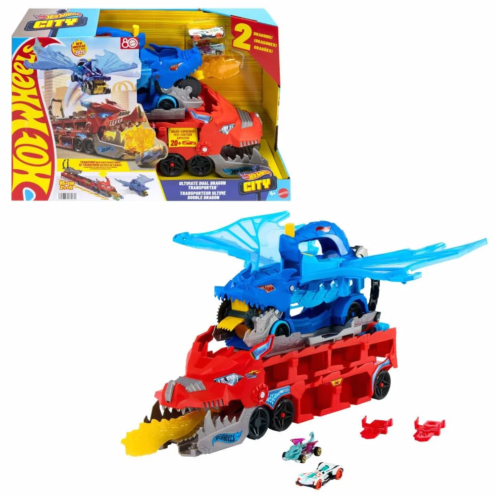 Hot Wheels City zestaw zabawkowych samochodów 2 w 1 i 2 samochody Die-Cast, duży smok i zdejmowany smok, z miejscem na ponad 20 pojazdów, JKJ79