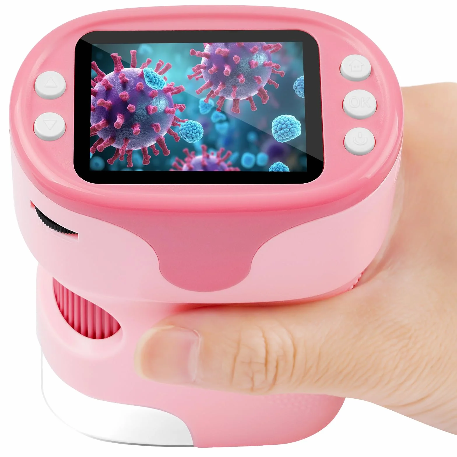 AXFEE Mikroskop dla dzieci, 1000X przenośny mikroskop kieszonkowy z LED, mini mikroskop z wyświetlaczem LCD 2,0", 4 K, 6 folii, karta pamięci 32 GB i statyw, dla dzieci i dorosłych (różowy)