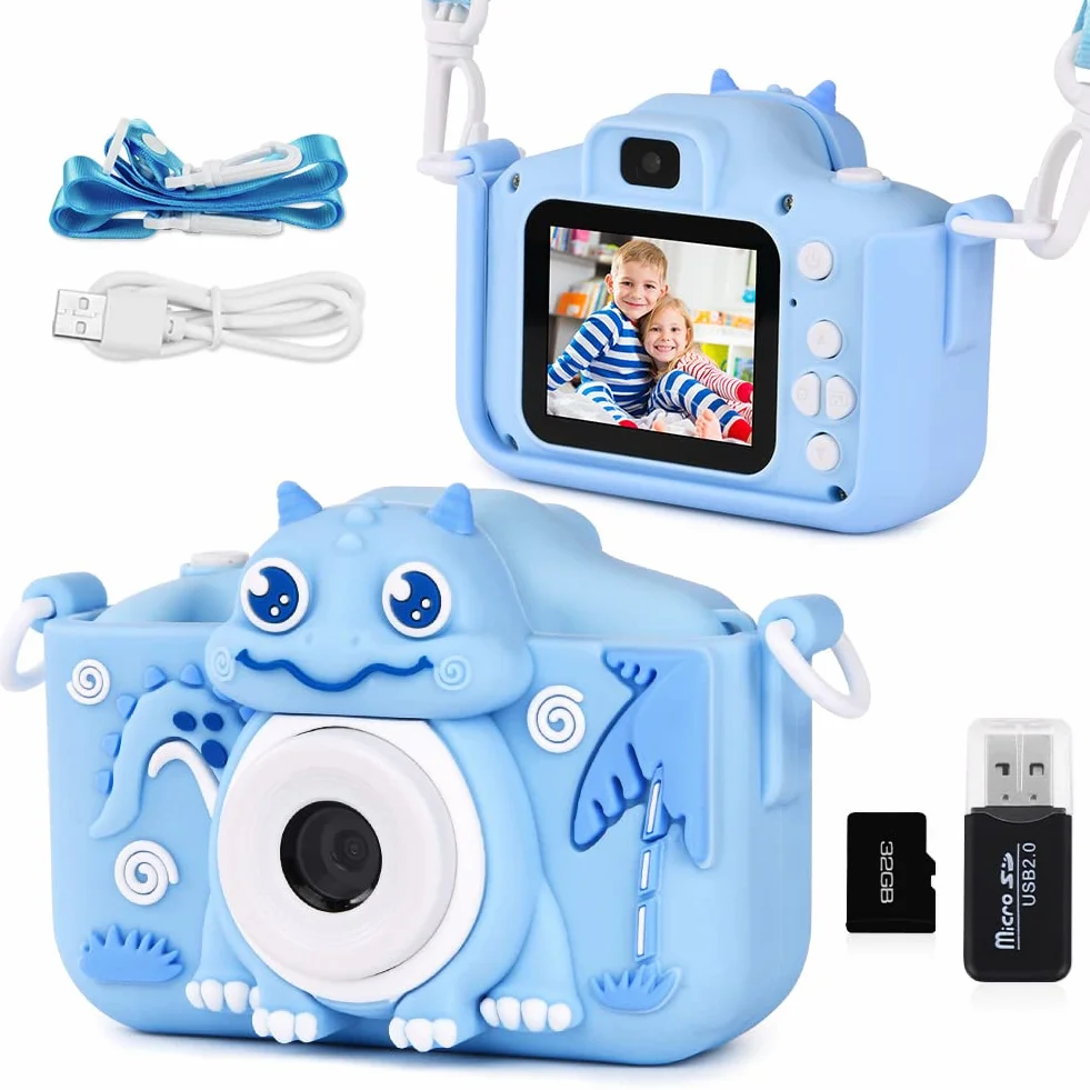 OSDUE Aparat dla dzieci,2.0-calowy wyświetlacz Aparat cyfrowy dla dzieci,1080P HD Wbudowana karta SD 32 GB Selfie Cyfrowy aparat fotograficzny,prezent urodzinowy na lata Zabawka dla dzieci (niebieska)