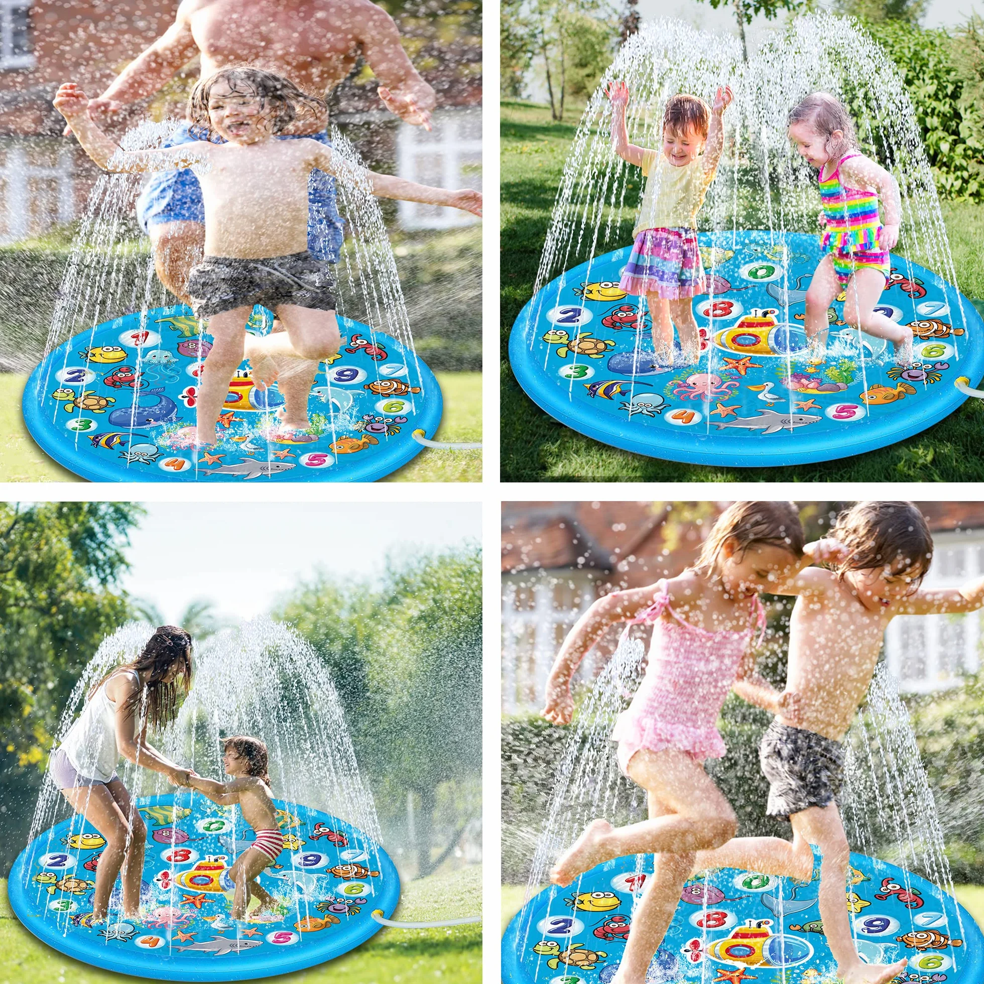 Chennyfun Summer Sprinkler Water Play Mat 170 cm, Duża Okrągła Nadmuchiwana Mata do Zabawy, Zewnętrzna Letnia Zabawka Wodna do Zajęć Rodzinnych/Plaży/Ogrodu dla Chłopców, Dziewcząt, Zwierząt Domowych