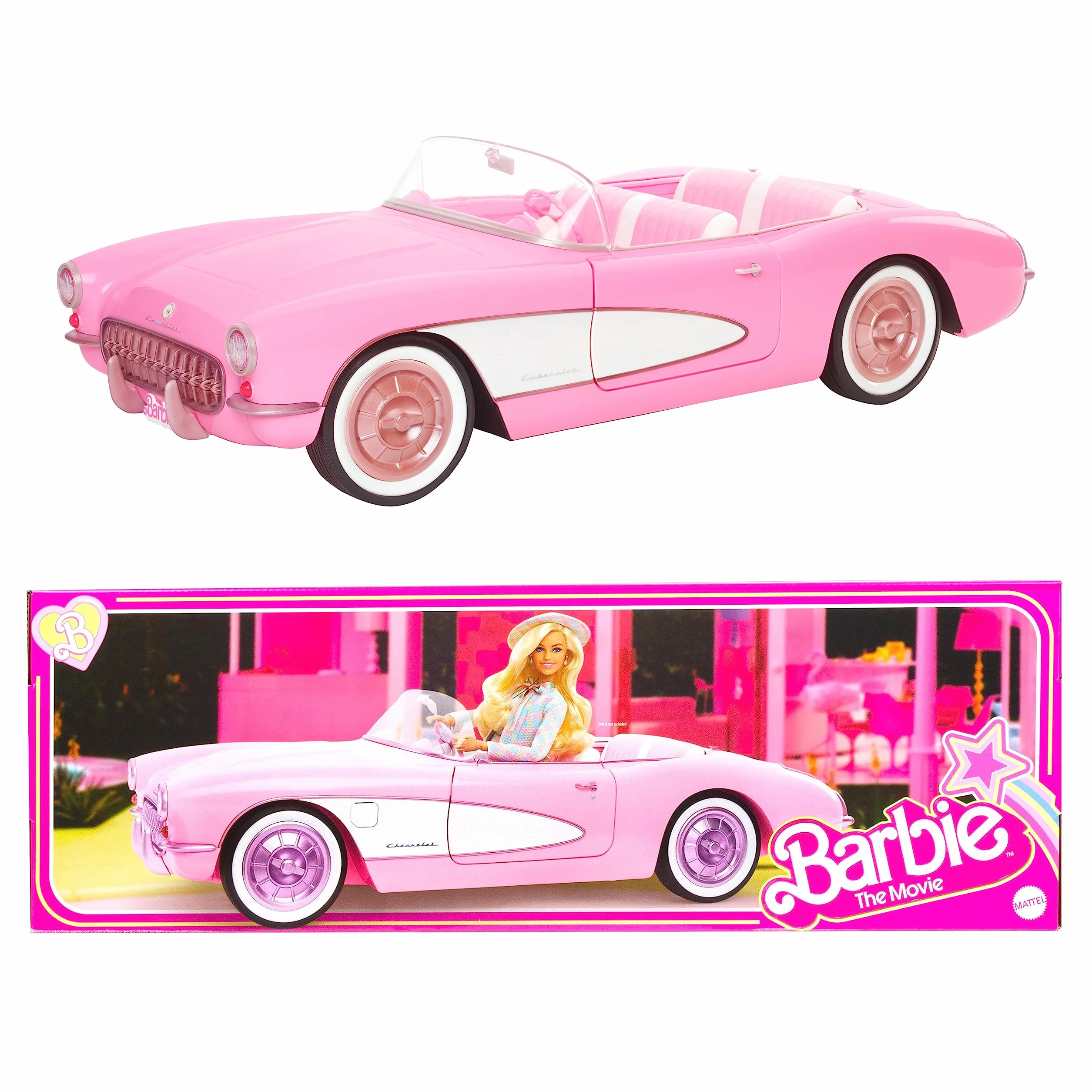 Barbie Filmowy kabriolet Deluxe Różowe auto Corvette inspirowane filmem „Barbie”, z białymi oponami i miejscem do przechowywania w bagażniku HPK02
