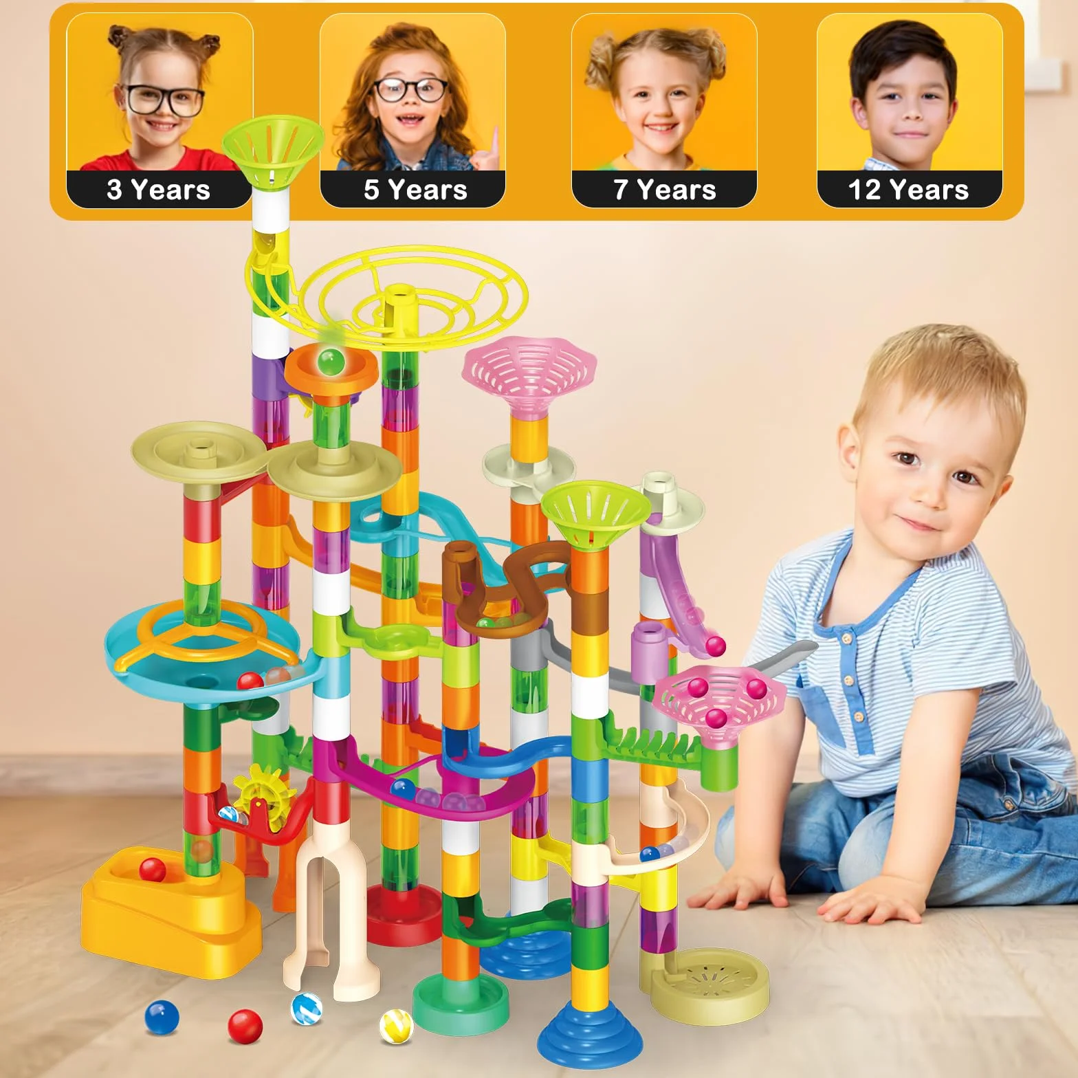 deAO Zestaw 150 sztuk z kulkami świecącymi w nocy – zabawka konstrukcyjna dla dzieci od 3, 4, 5, 6, 7-12 lat, kreatywna zabawka edukacyjna STEM z 90 elementami toru + 60 kulkami, prezent