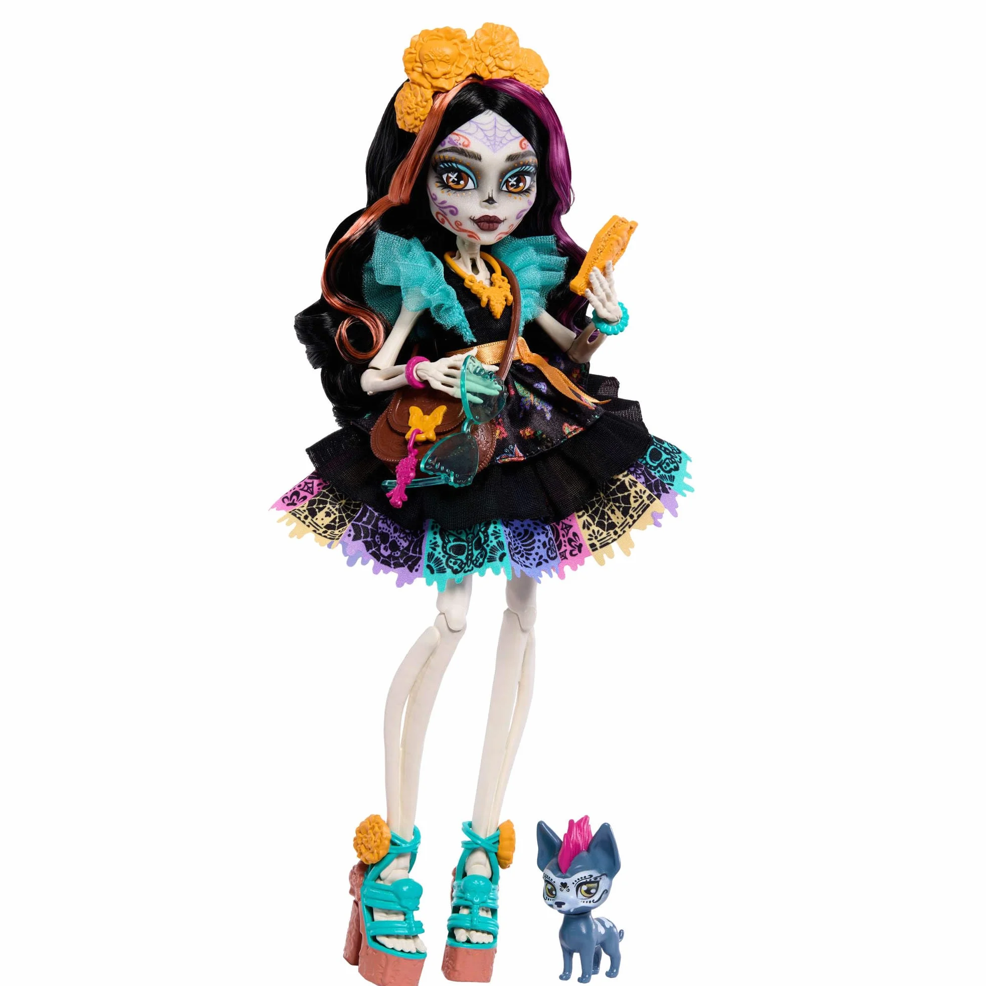 Monster High Skelita Calaveras Lalka + akcesoria, kolorowa sukienka inspirowana papel picado, piesek Candelita, 7 akcesoriów, w tym szkicownik, „przekąska” i torebka, zabawka dla dzieci 4+, JHK34