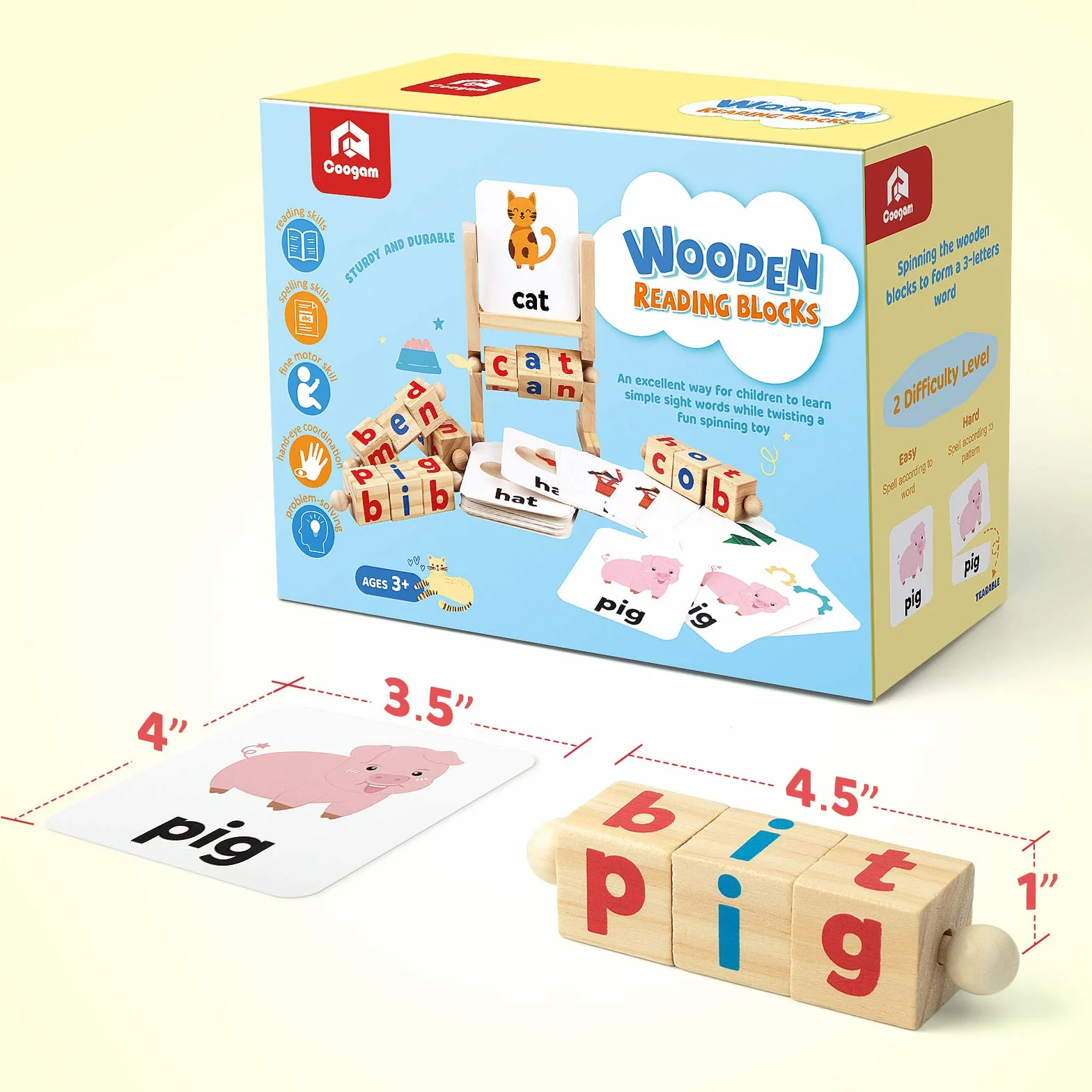 Coogam Gry ortograficzne z kolorowymi blokami,Karty Flash Drewniane Puzzle z dopasowanymi literami dla dzieci,2 w 1 Widok Słowa Montessori Spinning Nauka manipulacji alfabetem Zabawka