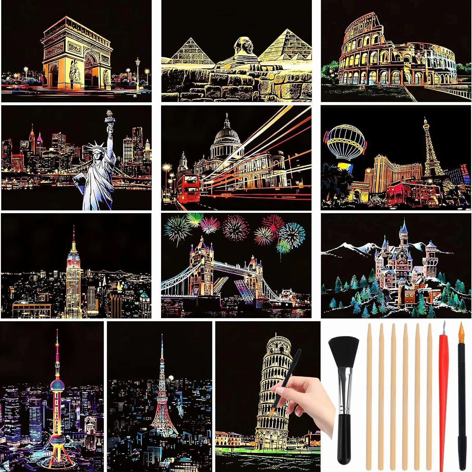Muyohix 12 sztuk sztuki drapania, papier artystyczny do zdrapywania i szkic A5 dla dzieci i dorosłych, sztuka z serii City Scratchboard Art, karta do zdrapania, kreatywne hobby dla dzieci (z 9
