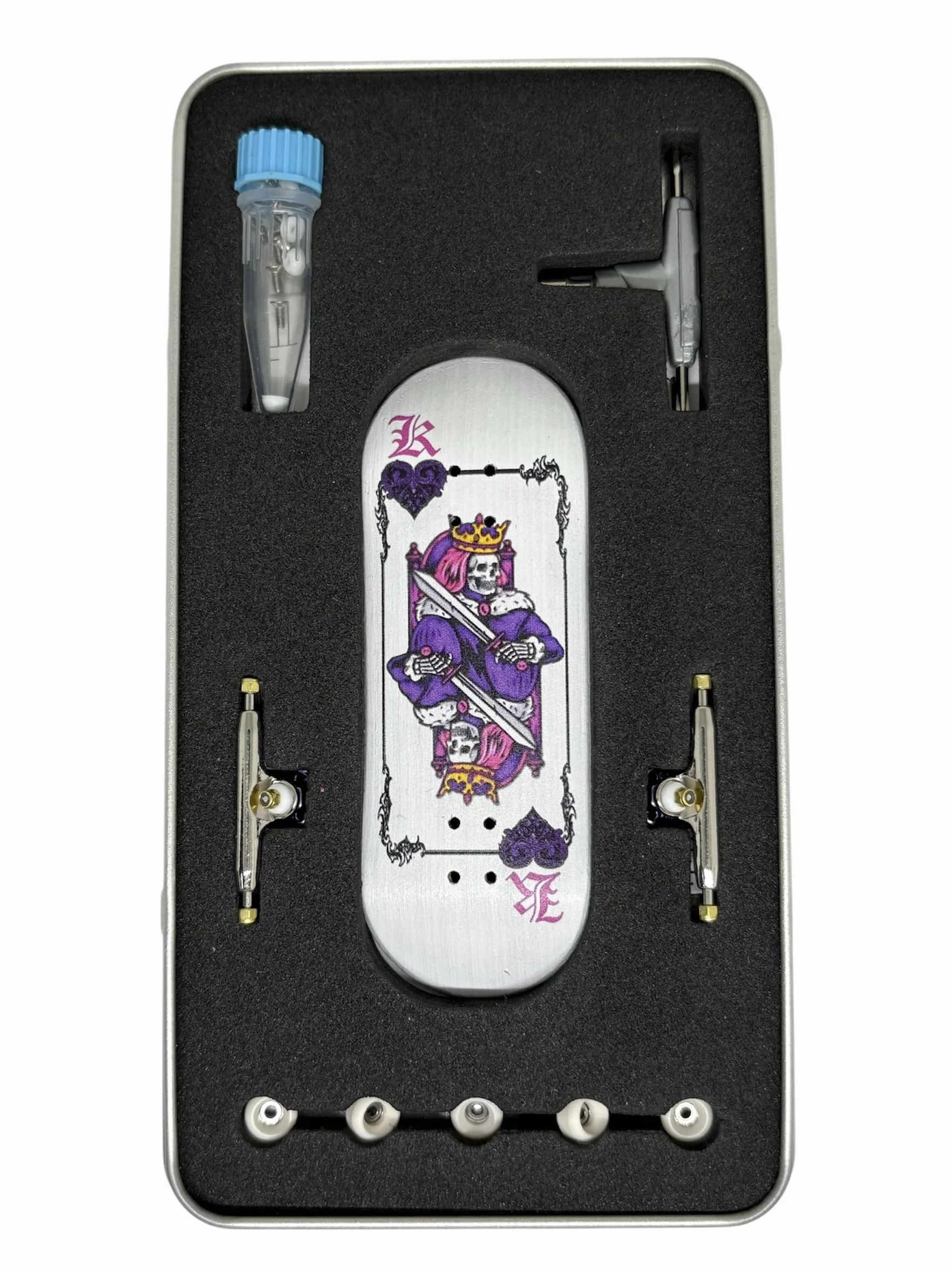 LEEFAI 34mm Pro Fingerboard Komplet 34x96mm, Deska z Drewna Maple, Grafika Drukowana UV - Pro Trucki Regularne słupki & 5 Koła z Łożyskami Uretanowymi - Op3ra V3 - Hearts of King