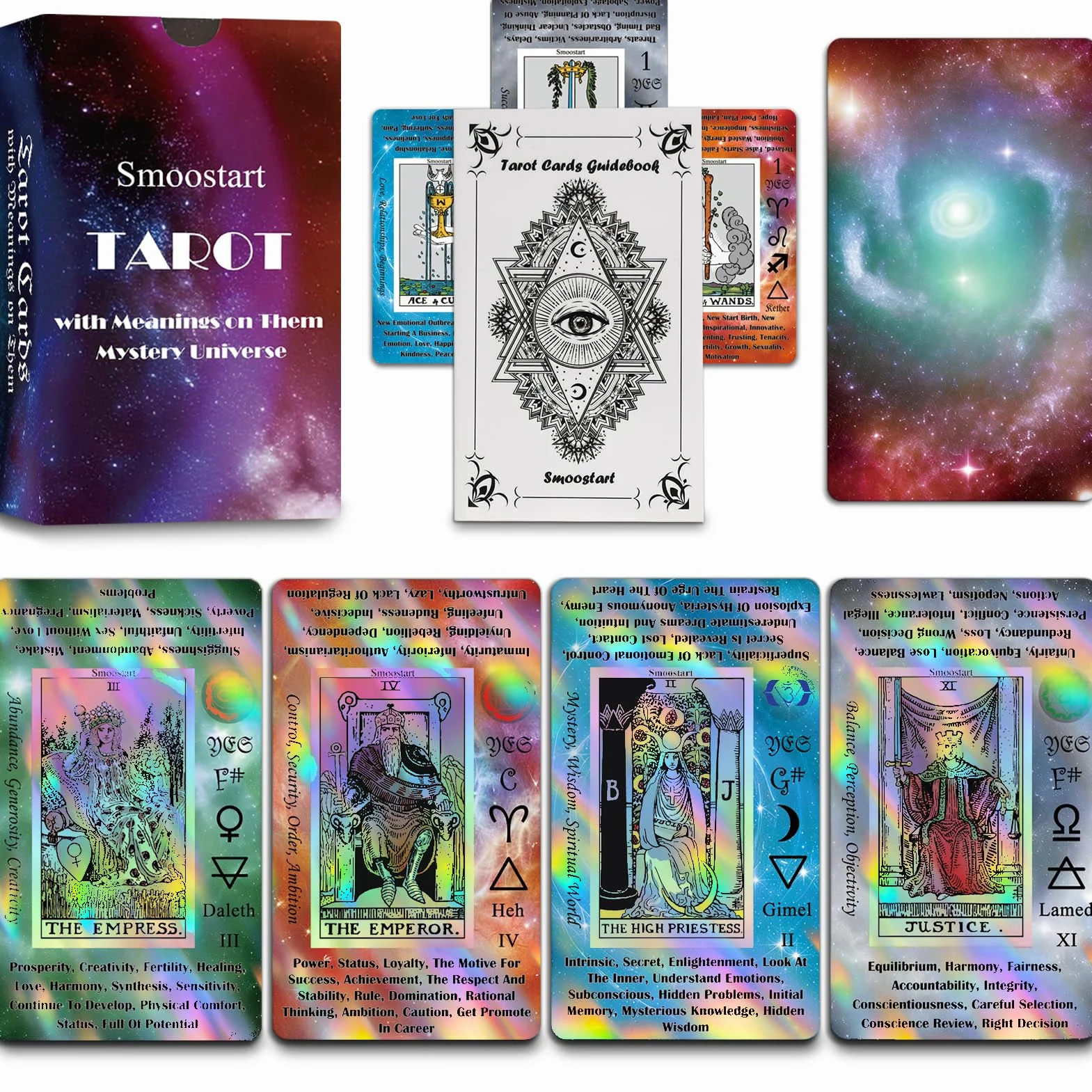 Smoostart holograficzny Tarot dla początkujących ze znaczeniami, z przewodnikiem, słowami kluczowymi, elementem, planetą, zodiakiem, czakrami, tak lub nie, ton muzyczny, numerologia, alfabet hebrajski