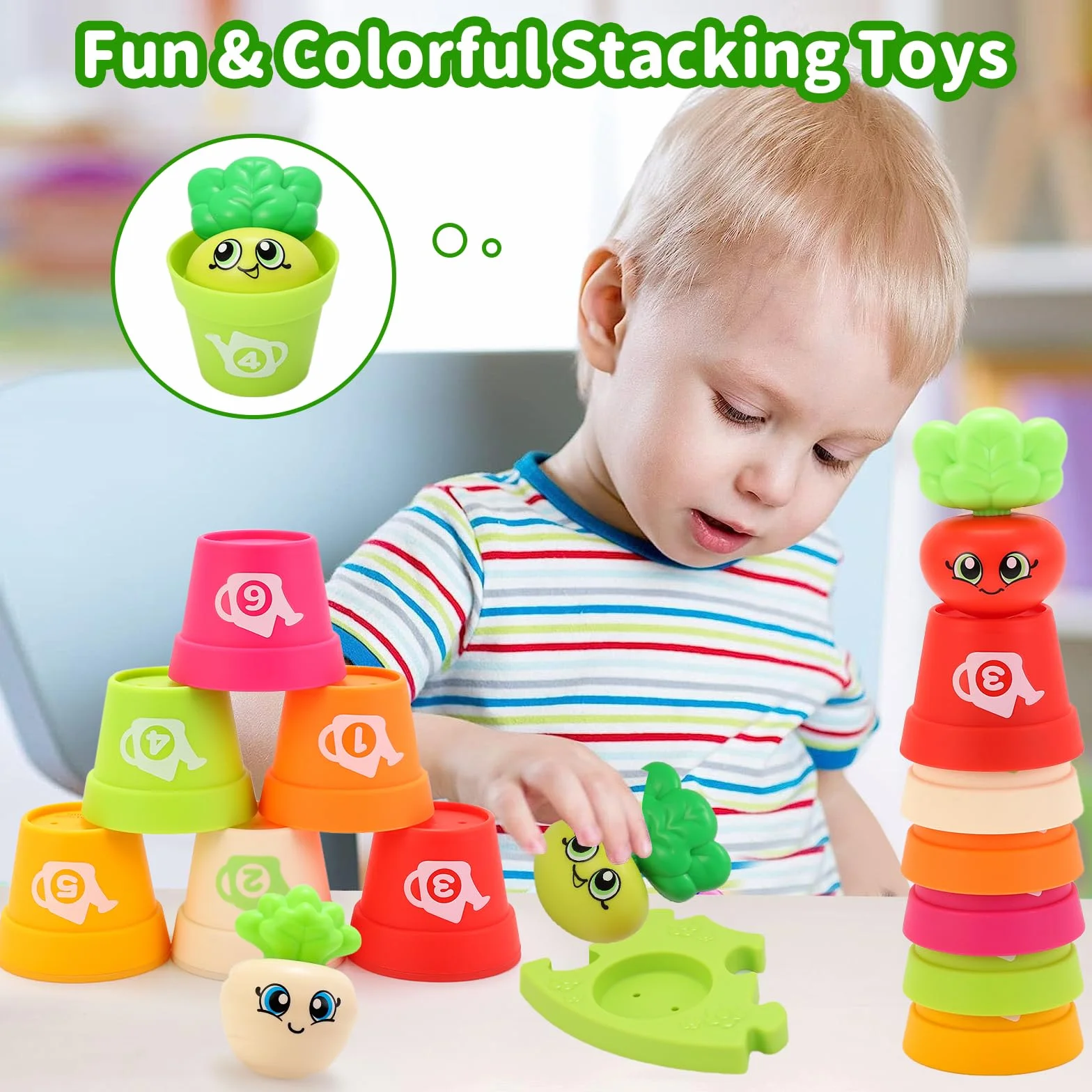 MOONTOY Montessori gry 1 rok, zestaw 18 doniczek i puzzli, liczenie, dopasowanie, sortowanie kolorów i zabawki do układania w stos, zabawki edukacyjne, prezenty dla chłopców, dziewcząt, 1, 2, 3 lata