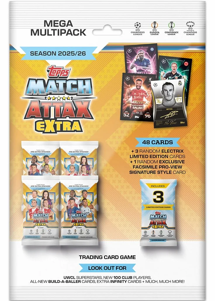 Topps UCC Match Attax Extra 2026 - Mega Multipack - zawiera 48 kart oraz 3 losowe karty Electrix LE i jedną losową kartę Facsimile Pro-View Signature Style.