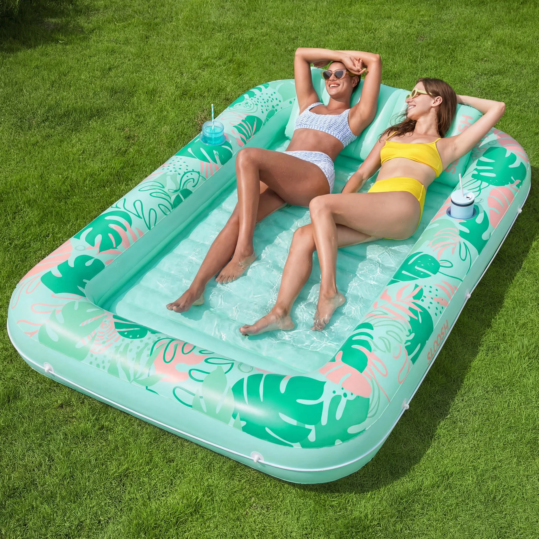 Sloosh Nadmuchiwany leżak do opalania basenem, rozmiar XL, 2,1 x 1,4 m, bardzo duży Suntan Sun Tan Tub for Adults, Bed Blow up, Raft Lounge Floatie, XL-Blushing Pink