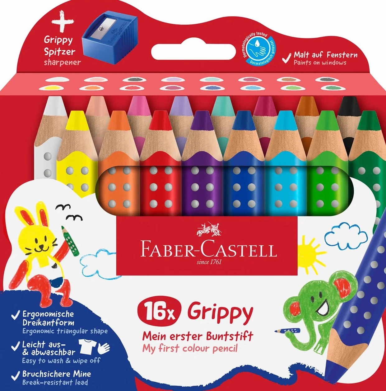FABER-CASTELL 110645 Grippy zestaw 16 kredek Jumbo dla małych dzieci, łatwe do zmywania kredki dla dzieci, ergonomiczny trójkątny kształt, grube kredki, wkład o grubości 10 mm, temperówka w zestawie