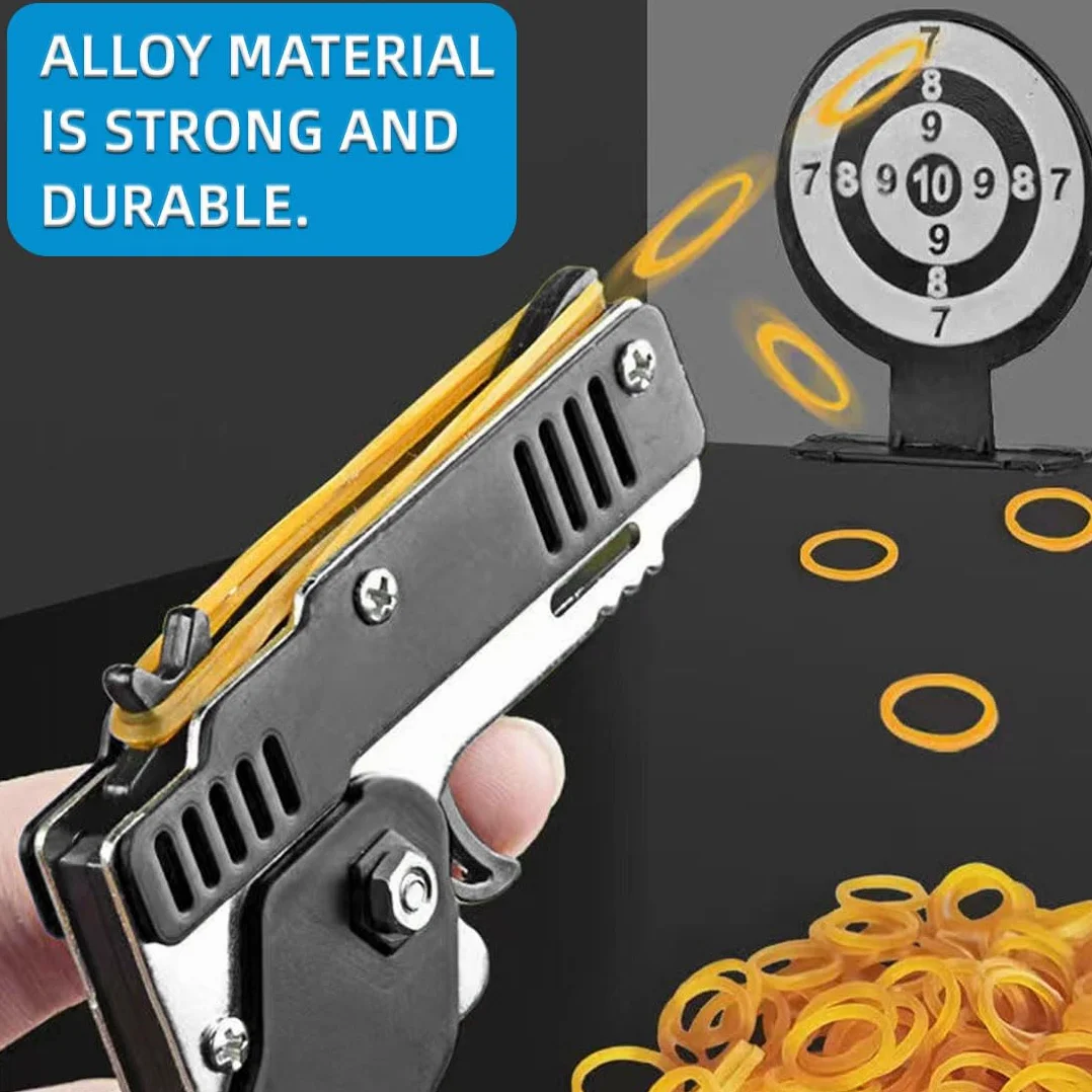 Pistolet gumowy – 1 szt. mini pistolet gumowy z metalu, składany, 6 strzałów z breloczkiem do kluczy i 60 gumowymi taśmami, metalowy składany brelok do kluczy do aktywności na świeżym powietrzu