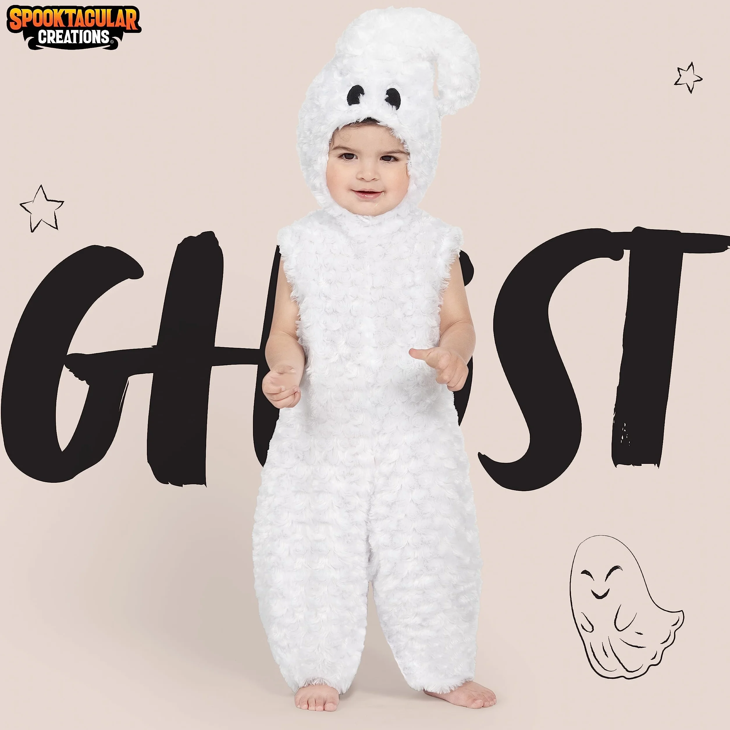Spooktacular Creations Kostium ducha na Halloween dla dzieci, biały kostium na brzuch, kombinezon z kapturem dla małych dzieci, małych dzieci, kostium na Halloween na przebieranki (12-18 miesięcy)