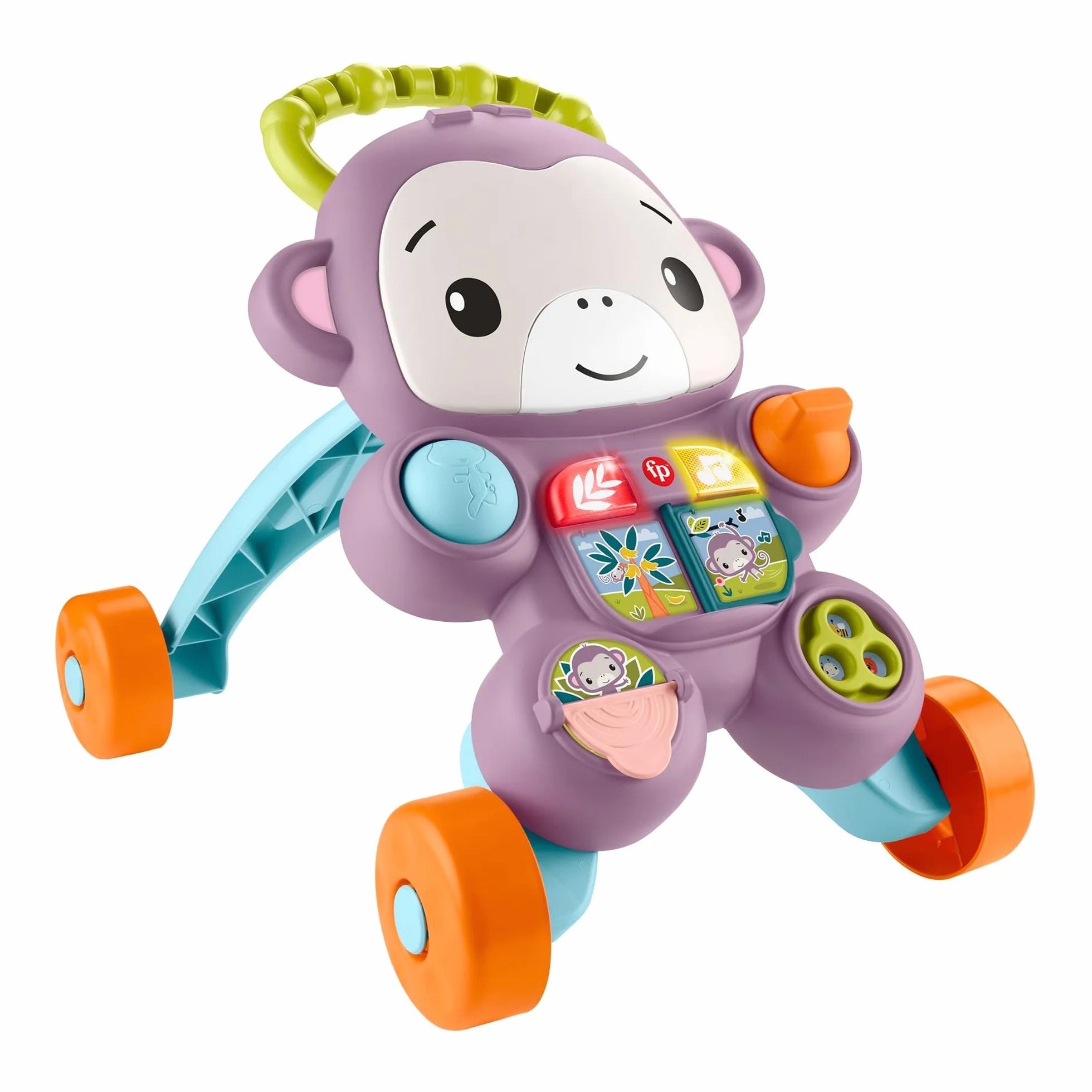 Fisher-Price Fioletowa Małpka Interaktywny Chodzik-Pchacz Muzyka, światełka i elementy aktywizujące, interaktywna zabawka dla dzieci od 6 miesiąca życia, JGW90