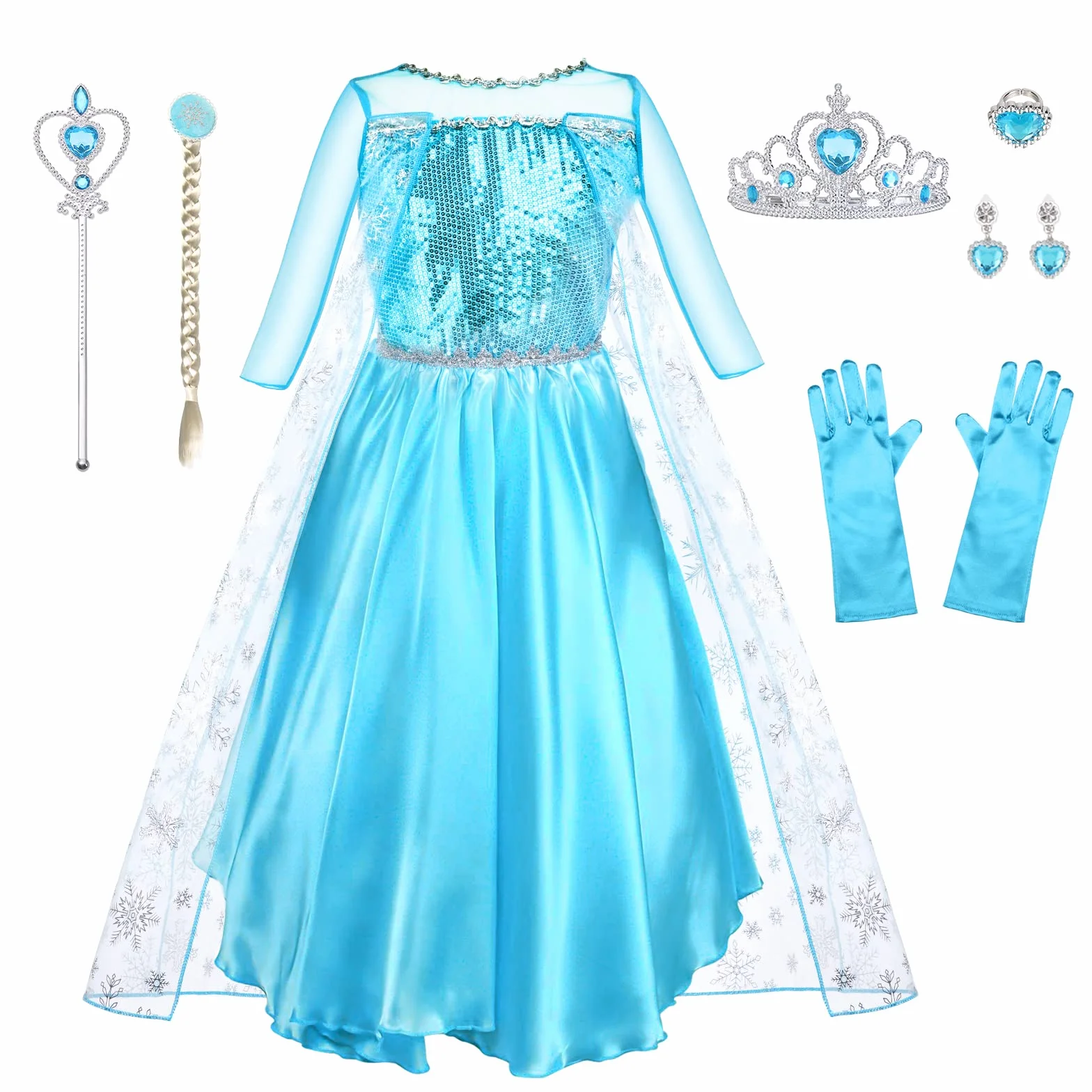 URAQT Kostium Elsa, Kostium Księżniczka Dziewczyna z akcesoriami do Cosplay, Księżniczka Elsa z błyszczącym płaszczem płatków śniegu, Kostium Dziewczyna na Halloween Cosplay Urodziny Karnawał, 120cm