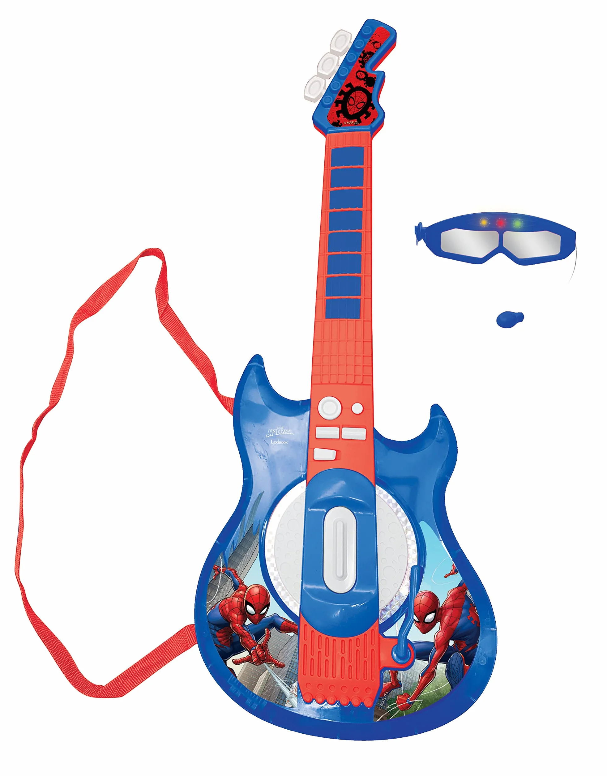 Lexibook K260SP Spider-Man Elektroniczna Gitara Oświetleniowa z Mikrofonem, Okulary z Mikrofonem, Utwory Demonstracyjne, 2 Tryby Gry, Wtyczka Mp3, Niebieski, Czerwony