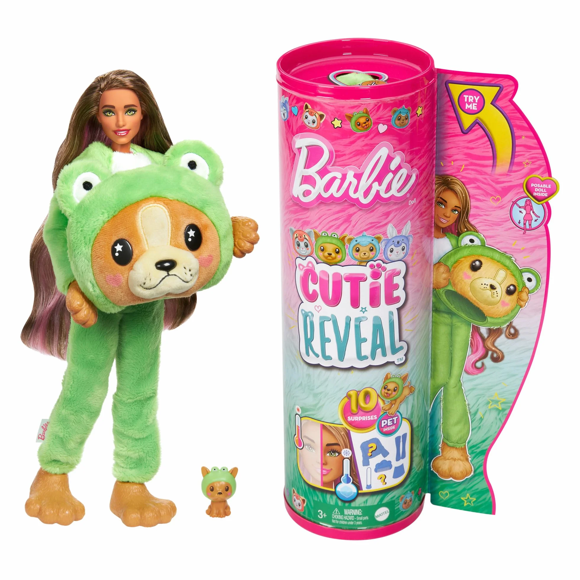 Barbie Cutie Reveal Lalka Piesek-Żaba Seria Kostiumy Zwierzaczki z 10 niespodziankami, zmiana koloru, HRK24