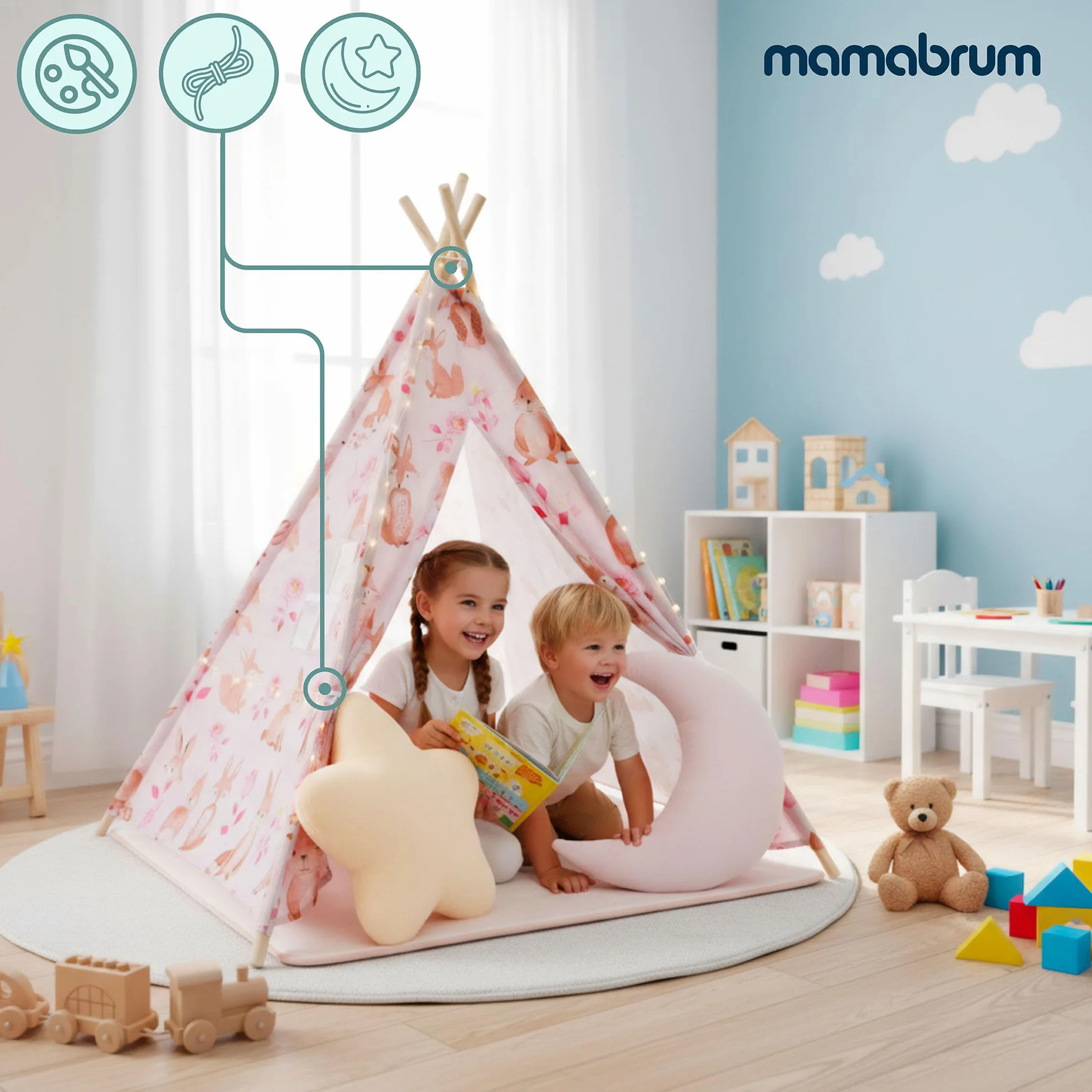 Mamabrum Różowe Tipi dla Dzieci z Leśnym Wzorem, Namiot do Pokoju Dziecięcego z Matą, Poduszkami i Lampkami LED, Przytulna Przestrzeń Zabawy i Relaksu 3+