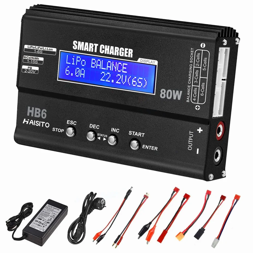Haisito Lipo ładowarka wyważająca 80W 6A do akumulatorów LiPo/Li-ION/LiFe (1-6S) i NiMH/NiCd (1-15S), ładowarka RC z wyświetlaczem LED, zasilaczem i adapterami XT60/Deans/JST/Futaba