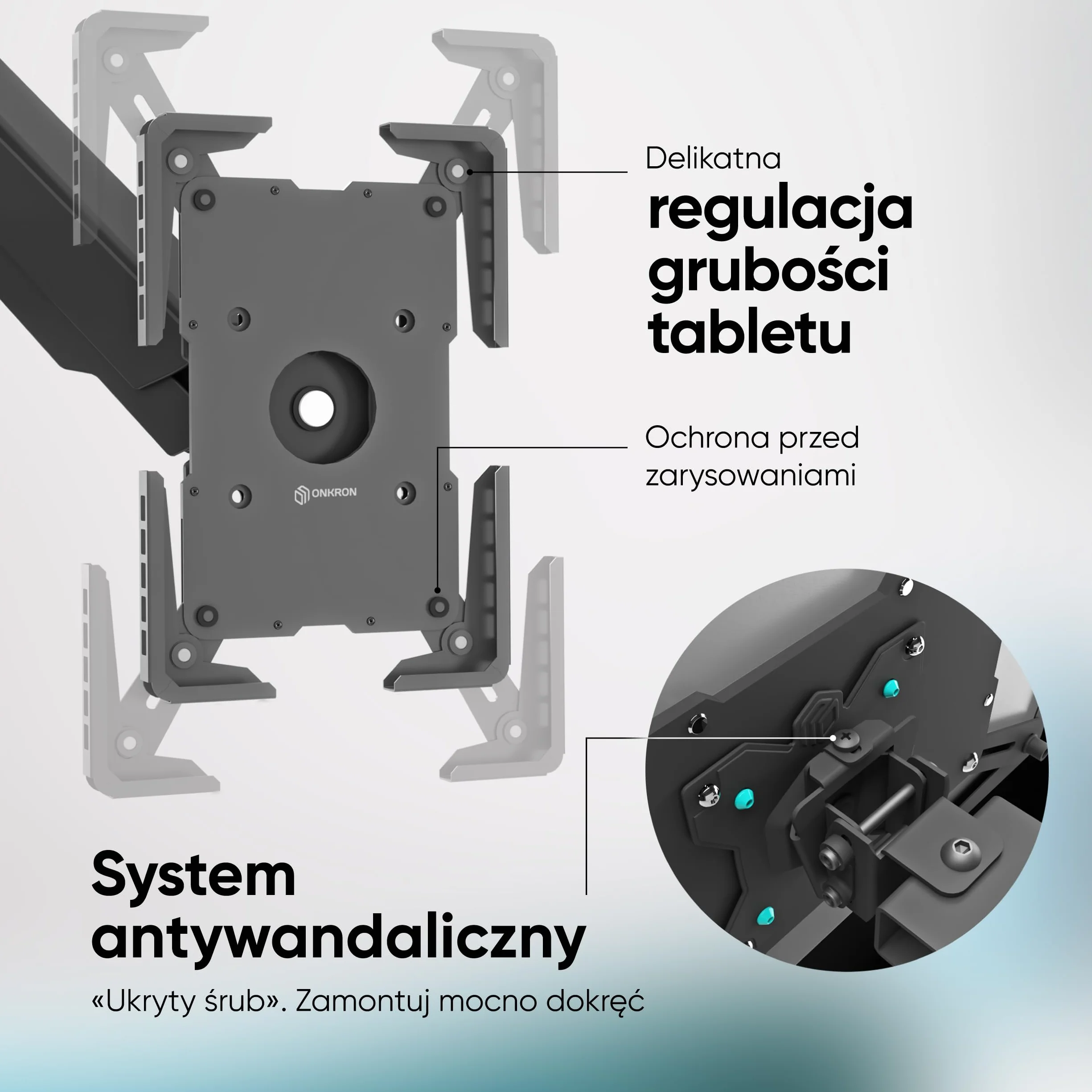 ONKRON VESA adapter do tabletów 10,1-12,9 cala, uniwersalny uchwyt na tablet z obrotem 360°, 75x75 VESA, czarny APM-13T