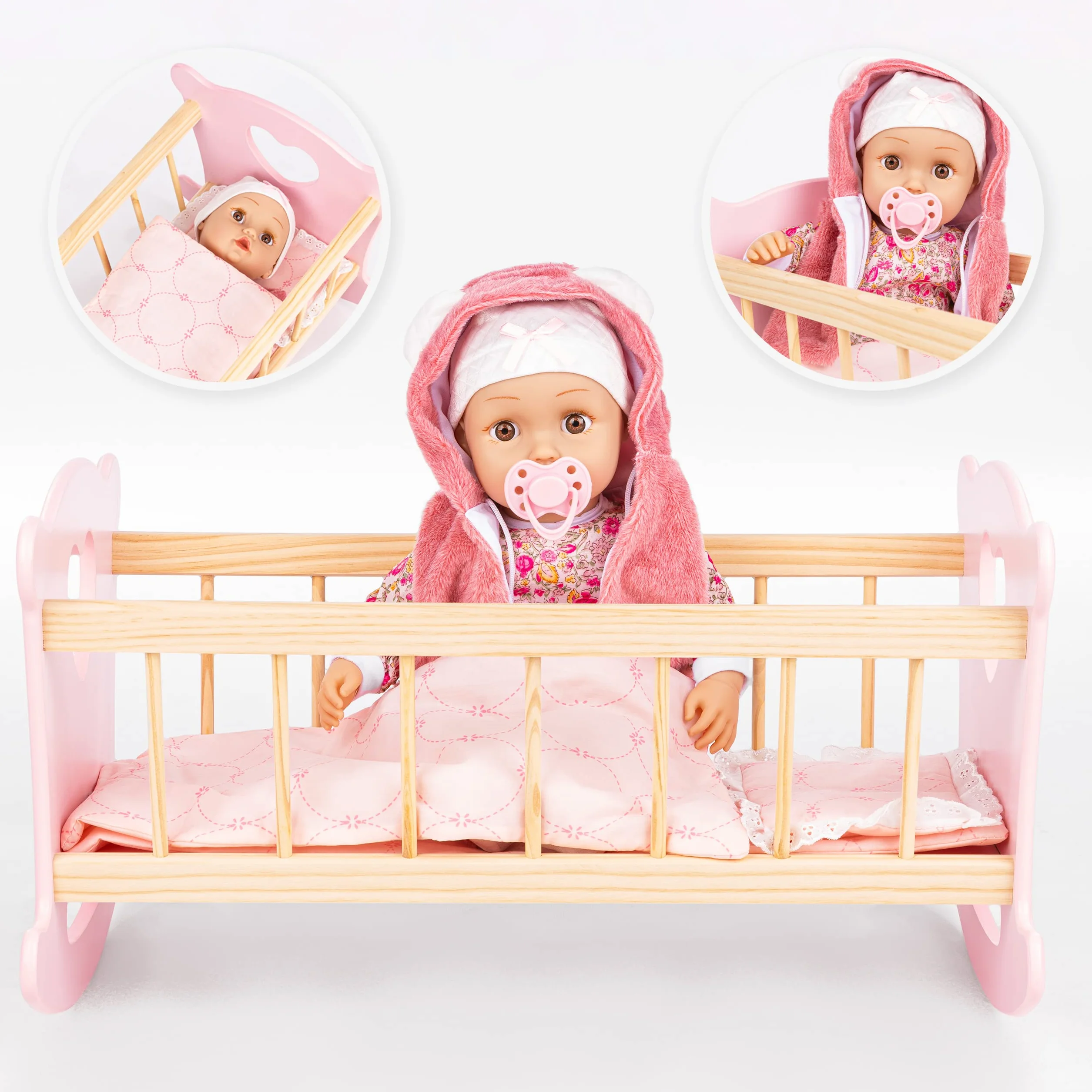Kinderplay Łóżeczko dla Lalki, Kołyska dla lalki – Zestaw Kołyska plus Kołderka, Poduszeczka oraz Prześcieradło, dla laki o max. długości 49.5 cm., model GS2101