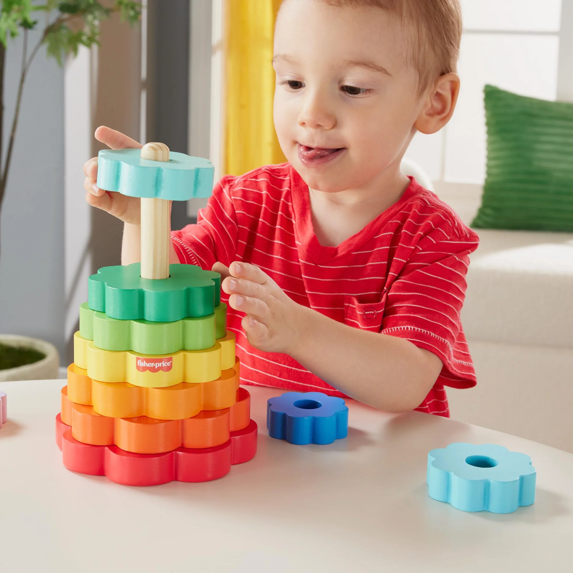 Fisher-Price Drewniana piramidka Kolorowe kwiatki Zestaw z 10 elementami do zabawy w układanie Zabawka drewniana dla dzieci od 18 miesiąca życia, HXT77