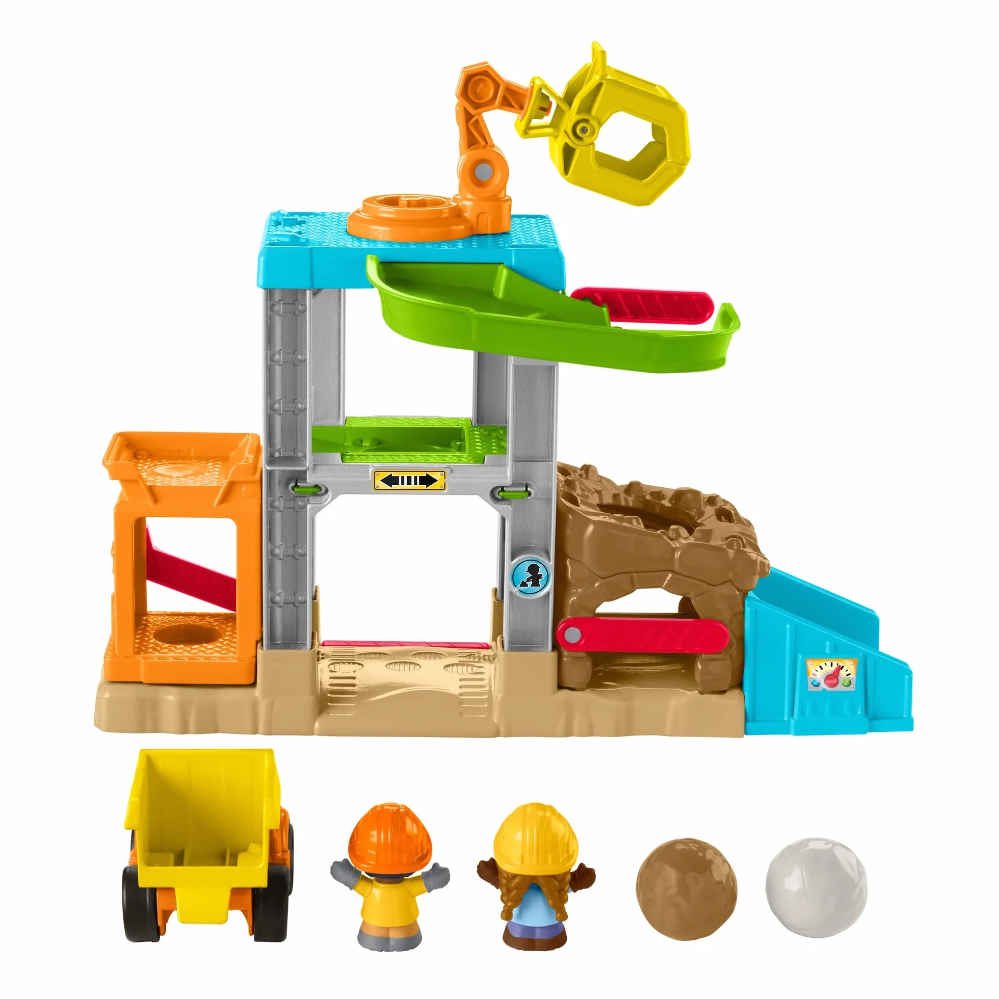 Fisher-Price Little People Plac budowy Zestaw z dźwiękiem, muzyczny zestaw do zabawy z wywrotką i 2 figurkami, dla przedszkolaków i młodszych dzieci, HCJ64