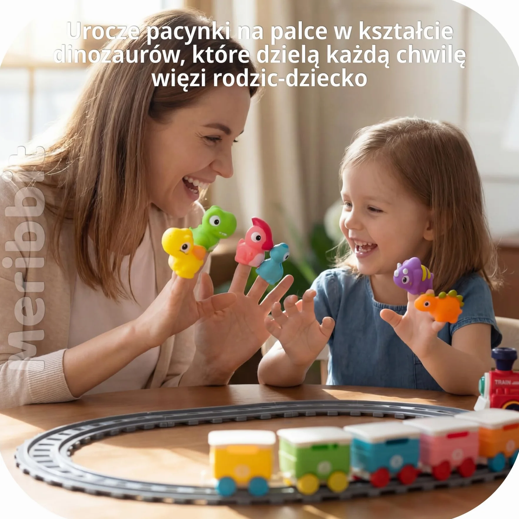 Kolejka z Torami, Światło i Efekt Pary, Dinozaury Pacynki na Palce, Zabawki Montessori Sensoryczne, Edukacyjne dla Dzieci 2 Lata, Prezent 1-3 Lata